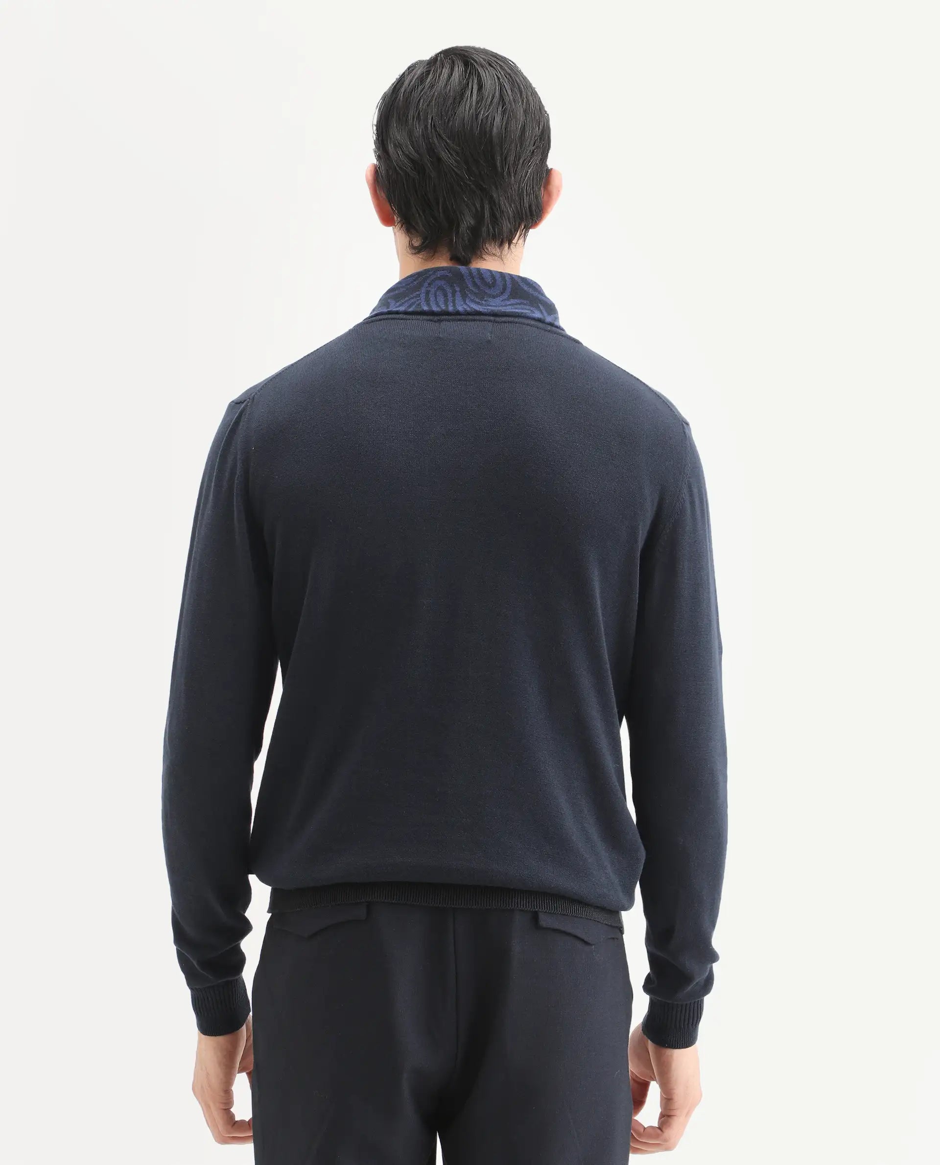 Rare Rabbit Men's Denver-25 Dark Navy Cotton Plain Regular Fit Full Sleeve Shawl Neck Sweater
