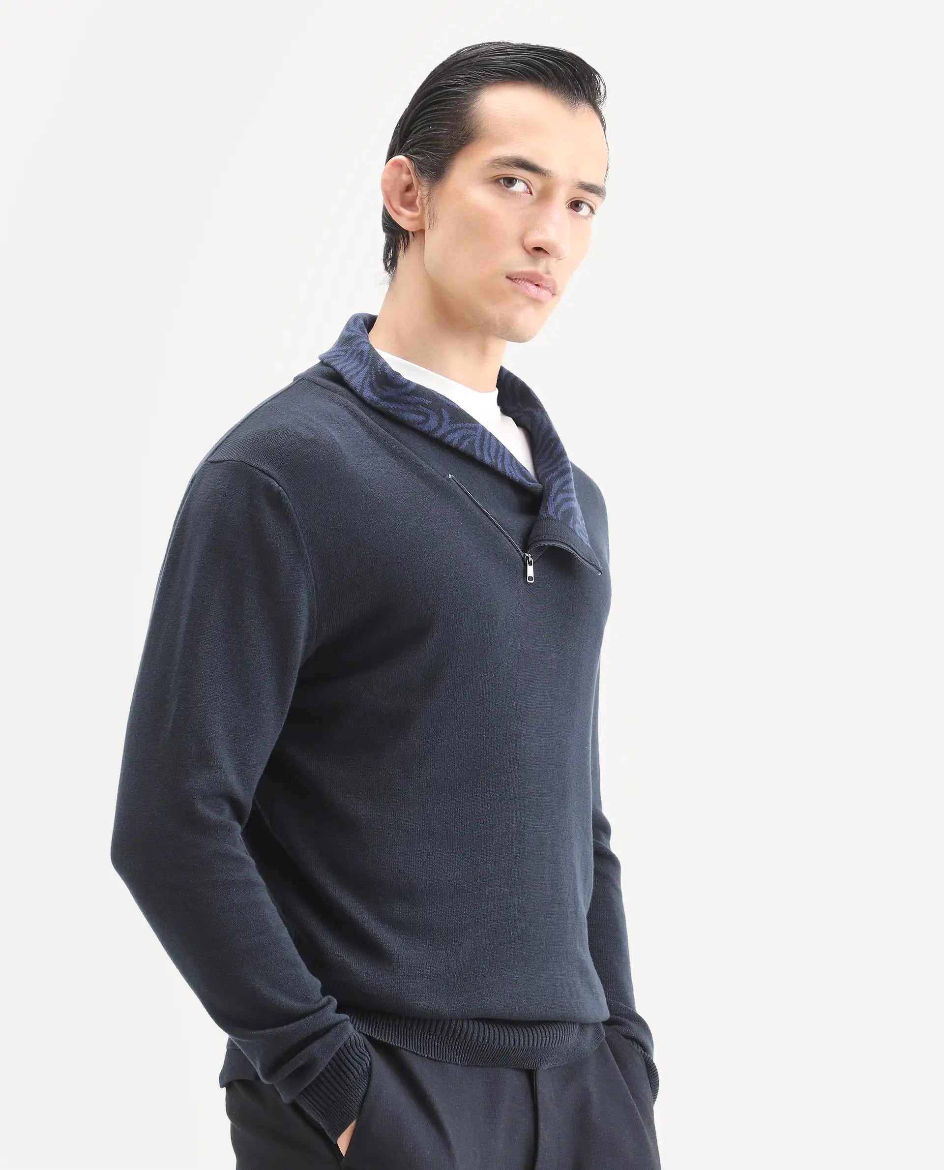 Rare Rabbit Men's Denver-25 Dark Navy Cotton Plain Regular Fit Full Sleeve Shawl Neck Sweater