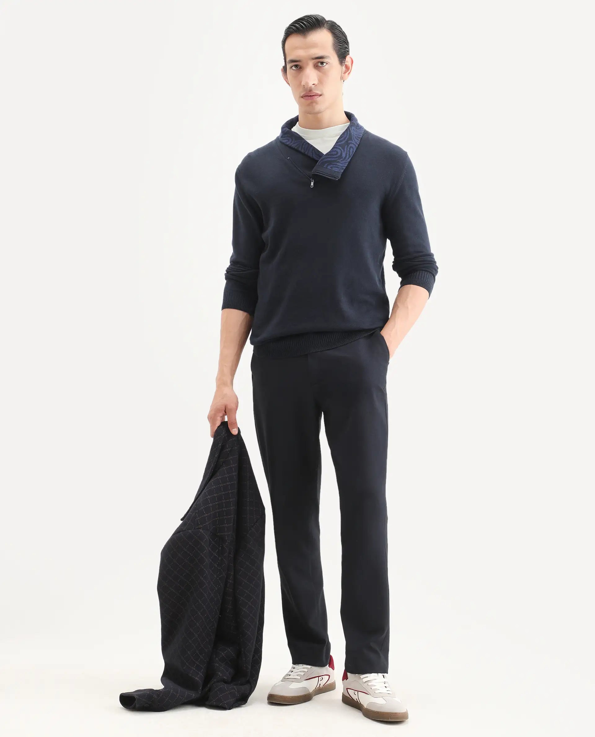 Rare Rabbit Men's Denver-25 Dark Navy Cotton Plain Regular Fit Full Sleeve Shawl Neck Sweater