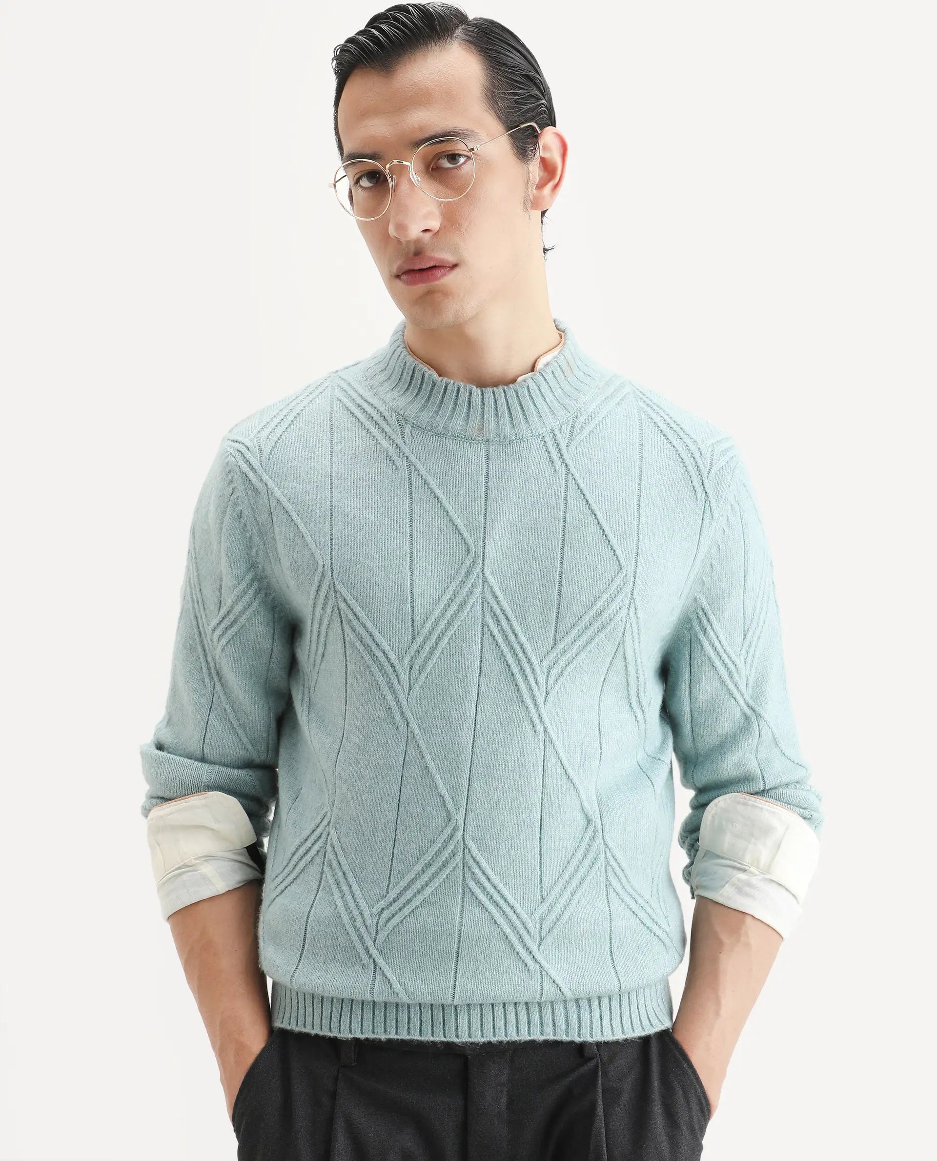 Rare Rabbit Men's Alli Pastel Blue Polyester Plain Regular Fit Full Sleeve High Neck Sweater