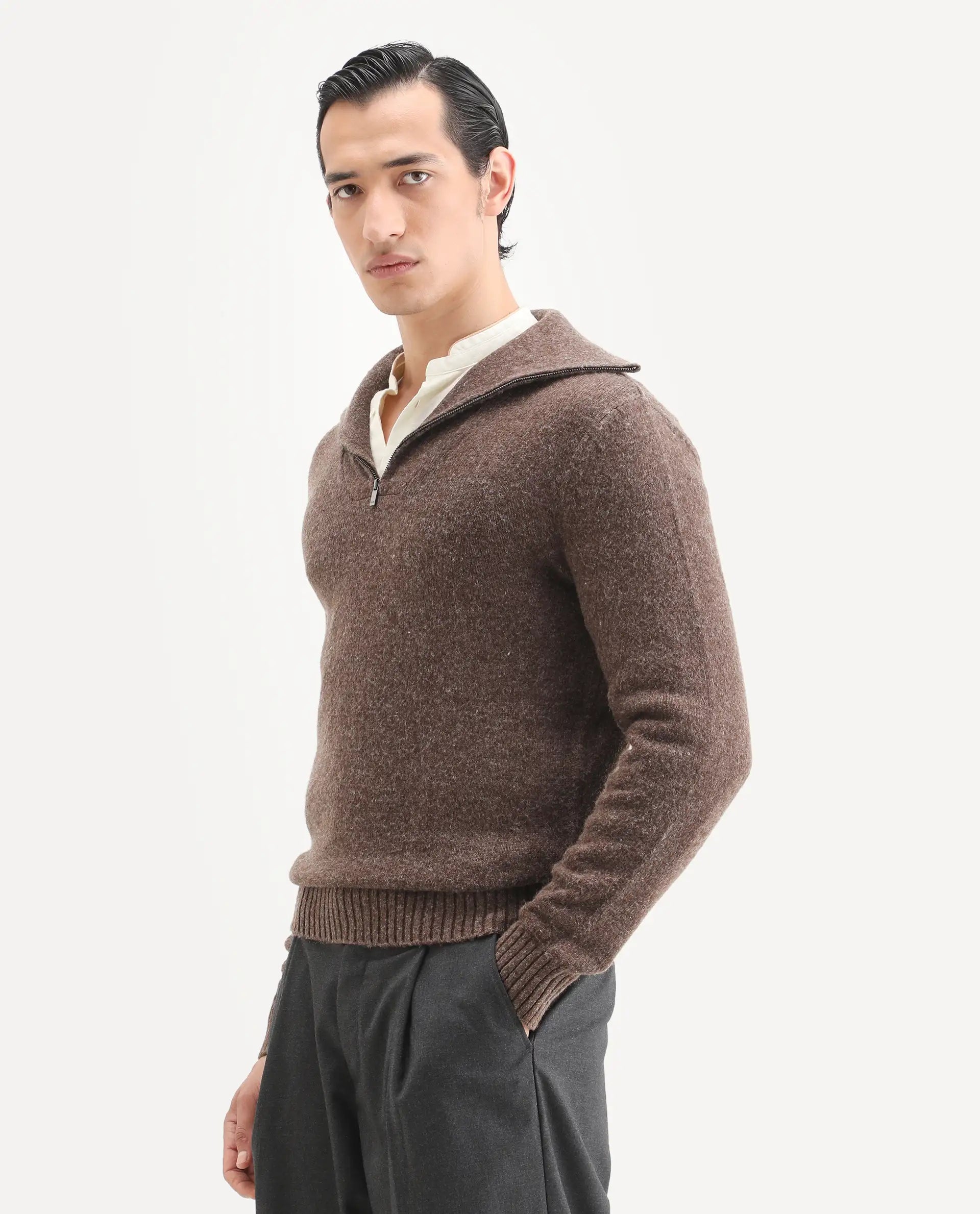 Rare Rabbit Men's Alfert Dusky Brown Polyester Plain Regular Fit Full Sleeve High Neck Sweater