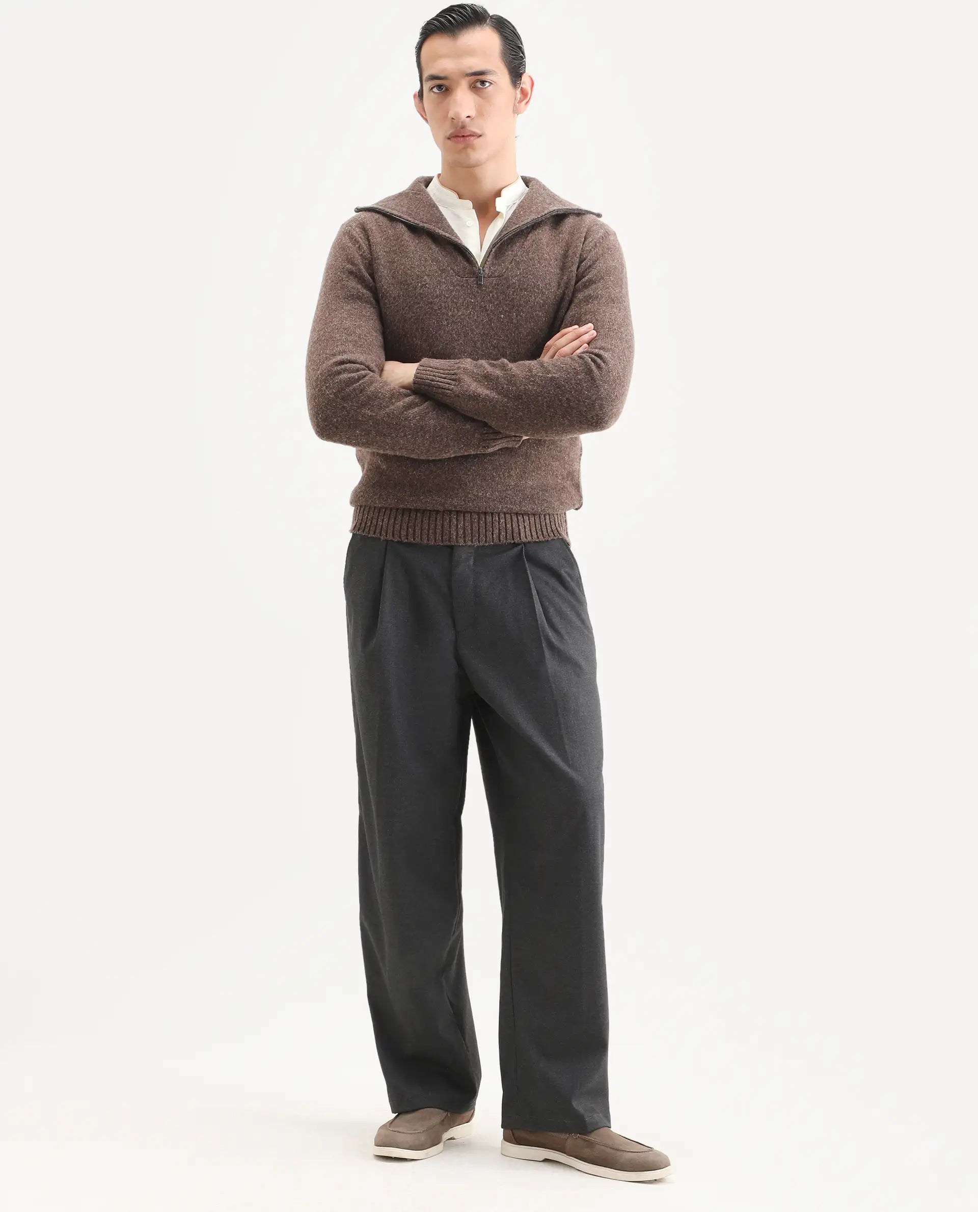 Rare Rabbit Men's Alfert Dusky Brown Polyester Plain Regular Fit Full Sleeve High Neck Sweater