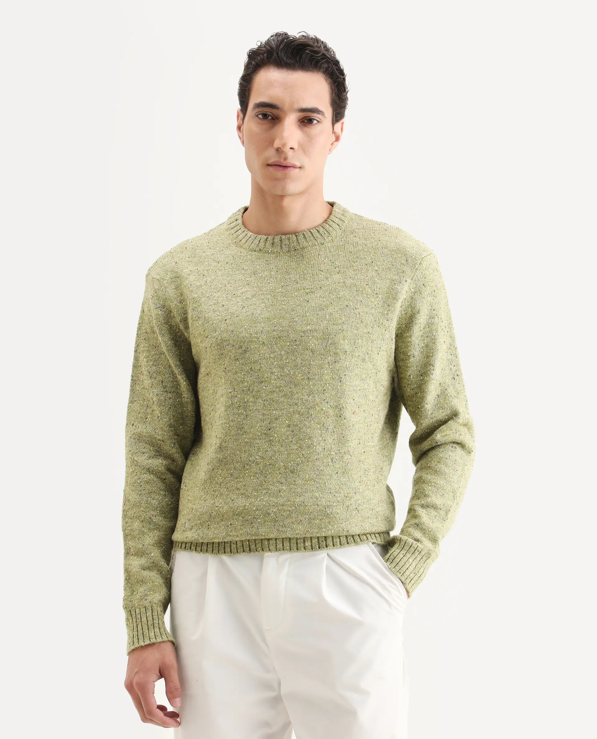 Rare Rabbit Men's Lomot Light Green Cotton Fabric Crew Neck Regular Fit Speckled Print Sweater