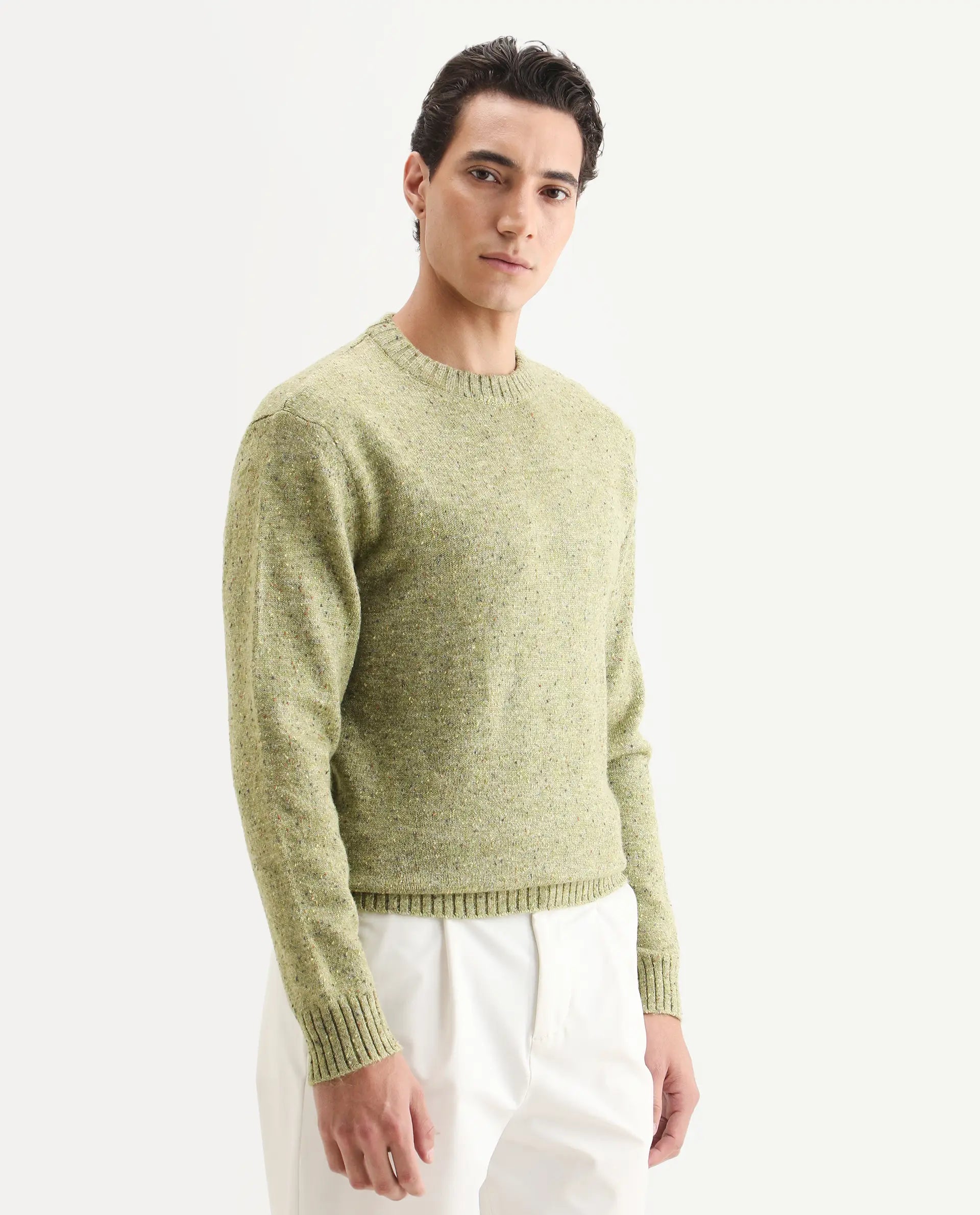 Rare Rabbit Men's Lomot Light Green Cotton Fabric Crew Neck Regular Fit Speckled Print Sweater