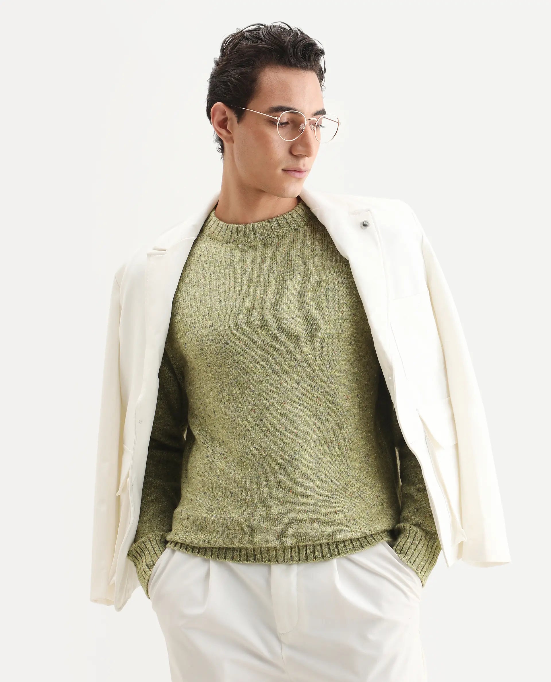 Rare Rabbit Men's Lomot Light Green Cotton Fabric Crew Neck Regular Fit Speckled Print Sweater