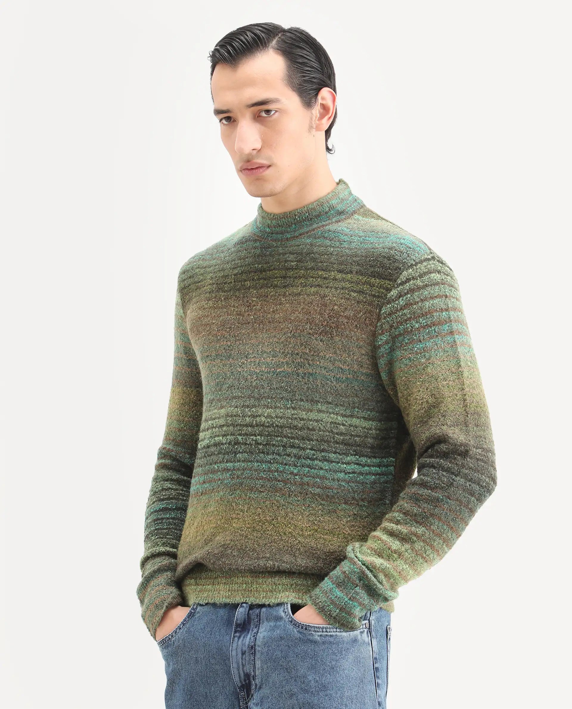 Rare Rabbit Men's Nemo Green Acrylic Color Block Regular Fit Full Sleeve Crew Neck Sweater