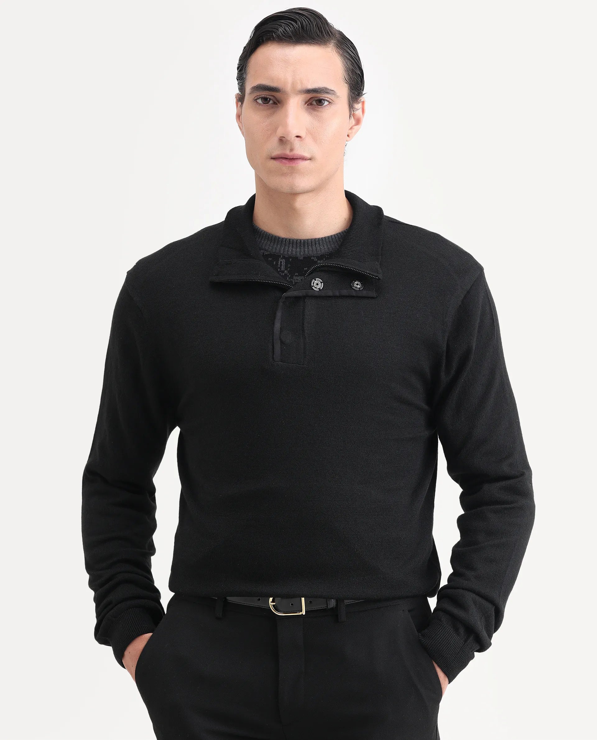 Rare Rabbit Men's Johny-25 Light Black Acrylic Fabric Full Sleeve High Neck Plain Sweater