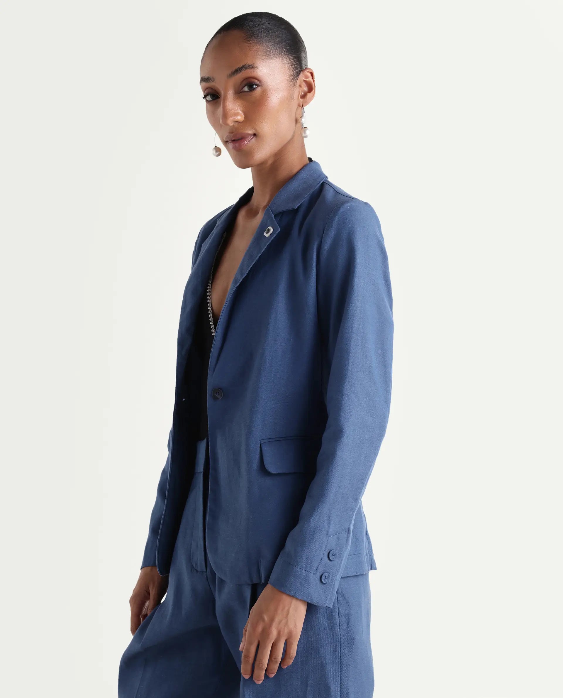 Rareism Women's Linzy-T Blue 100% Linen Full Sleeve Lapel Neck Regular Plain Blazer