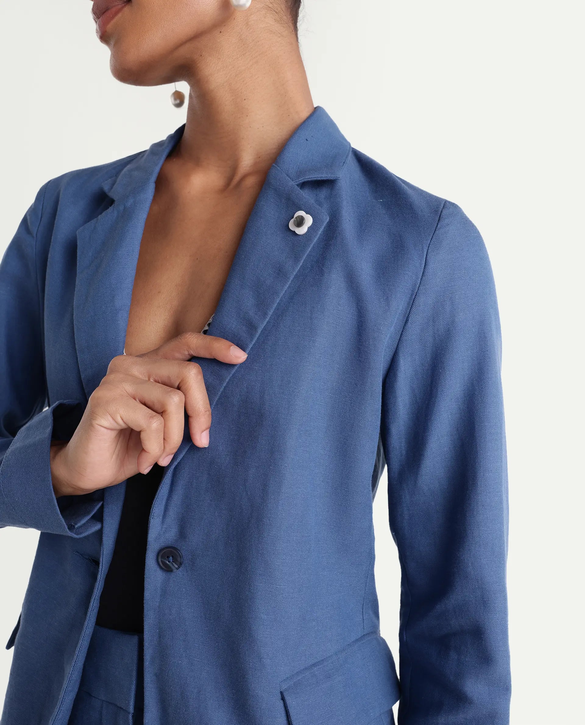 Rareism Women's Linzy-T Blue 100% Linen Full Sleeve Lapel Neck Regular Plain Blazer