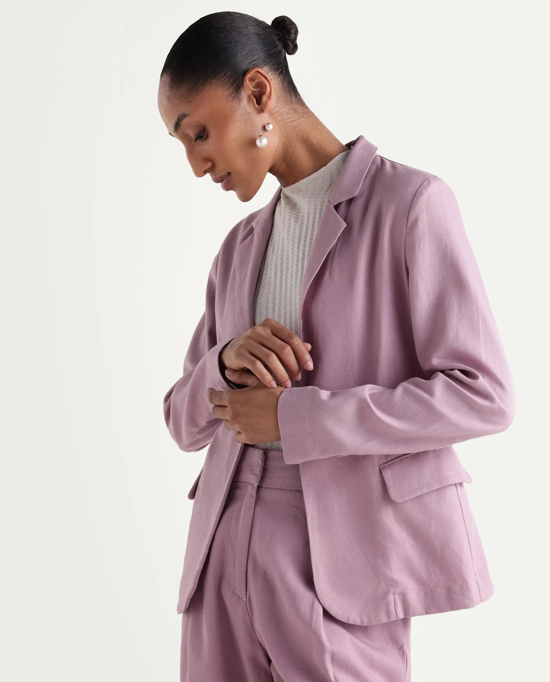 Rareism Women's Linzy-T Dusky Pink 100% Linen Full Sleeve Lapel Neck Regular Plain Blazer