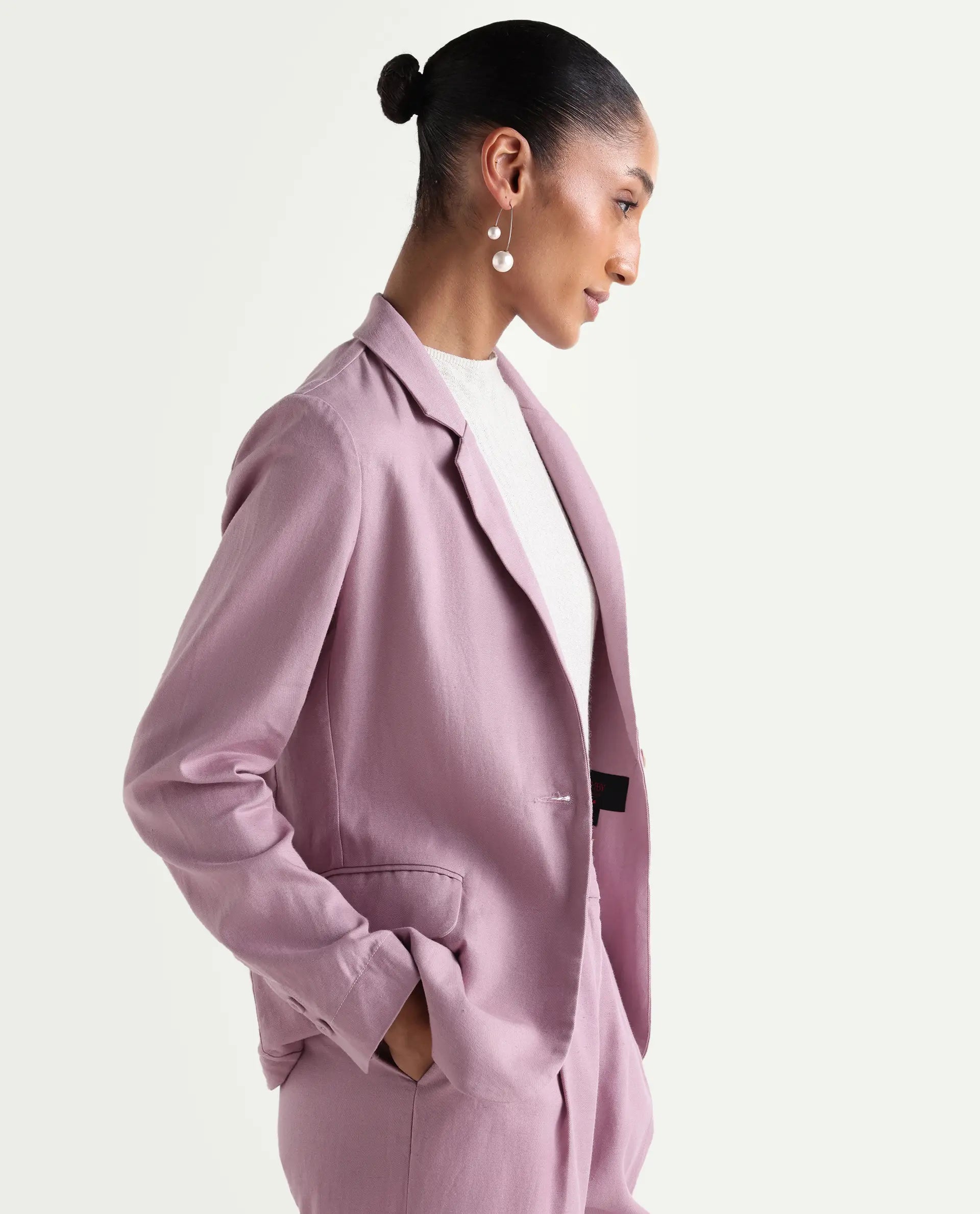 Rareism Women's Linzy-T Dusky Pink 100% Linen Full Sleeve Lapel Neck Regular Plain Blazer