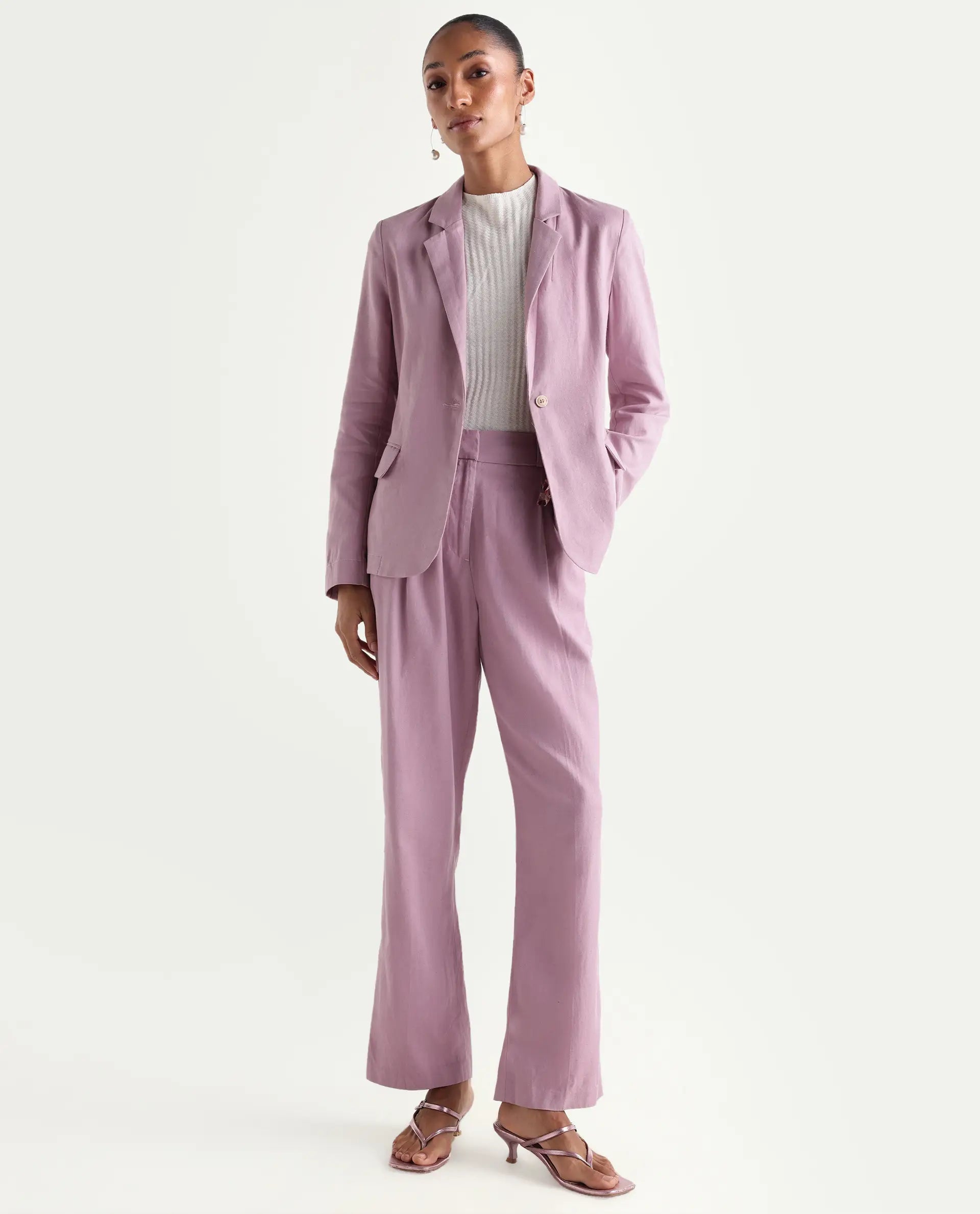 Rareism Women's Linzy-T Dusky Pink 100% Linen Full Sleeve Lapel Neck Regular Plain Blazer