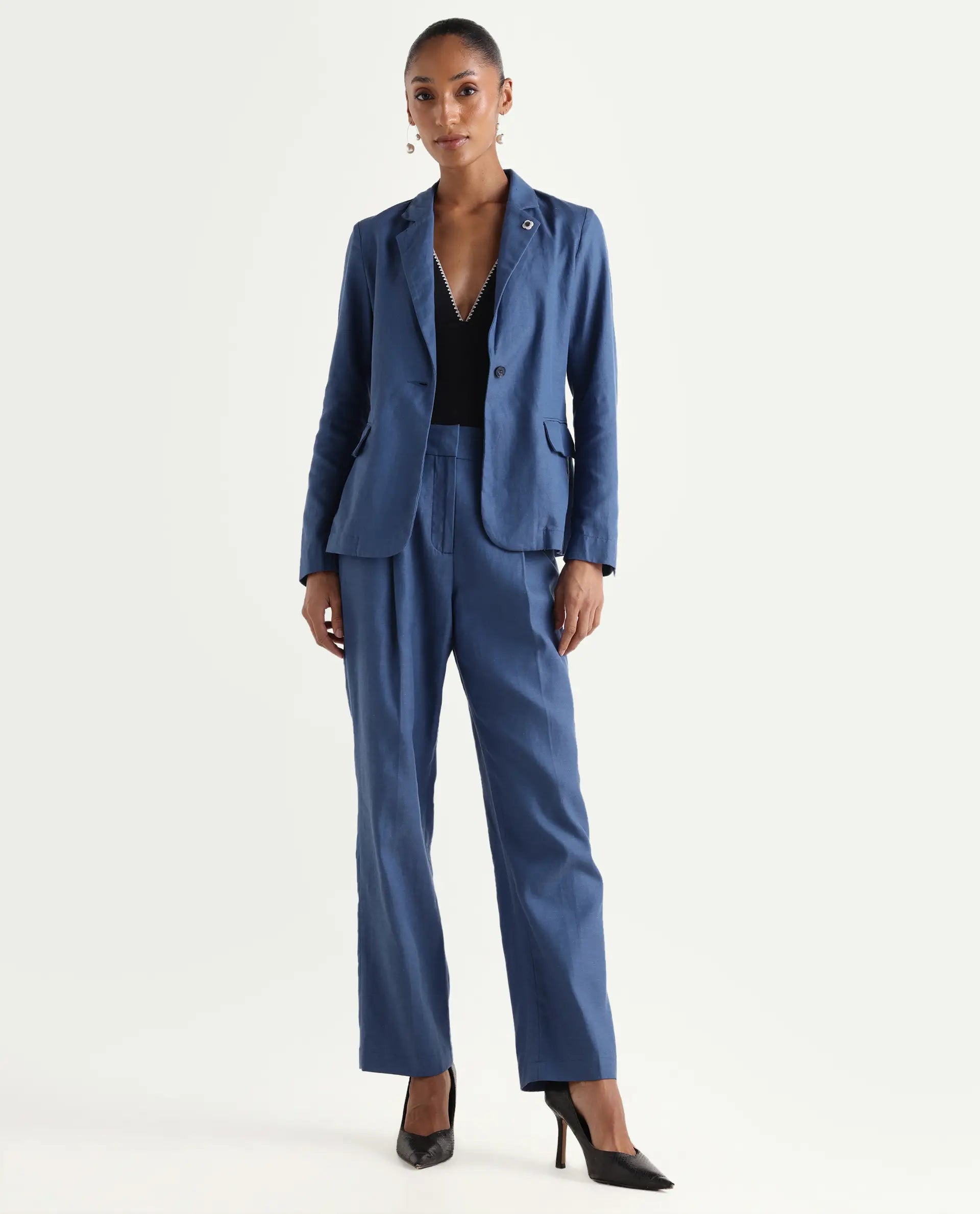 Rareism Women's Linzy-B Blue 100% Linen Straight Plain Trouser