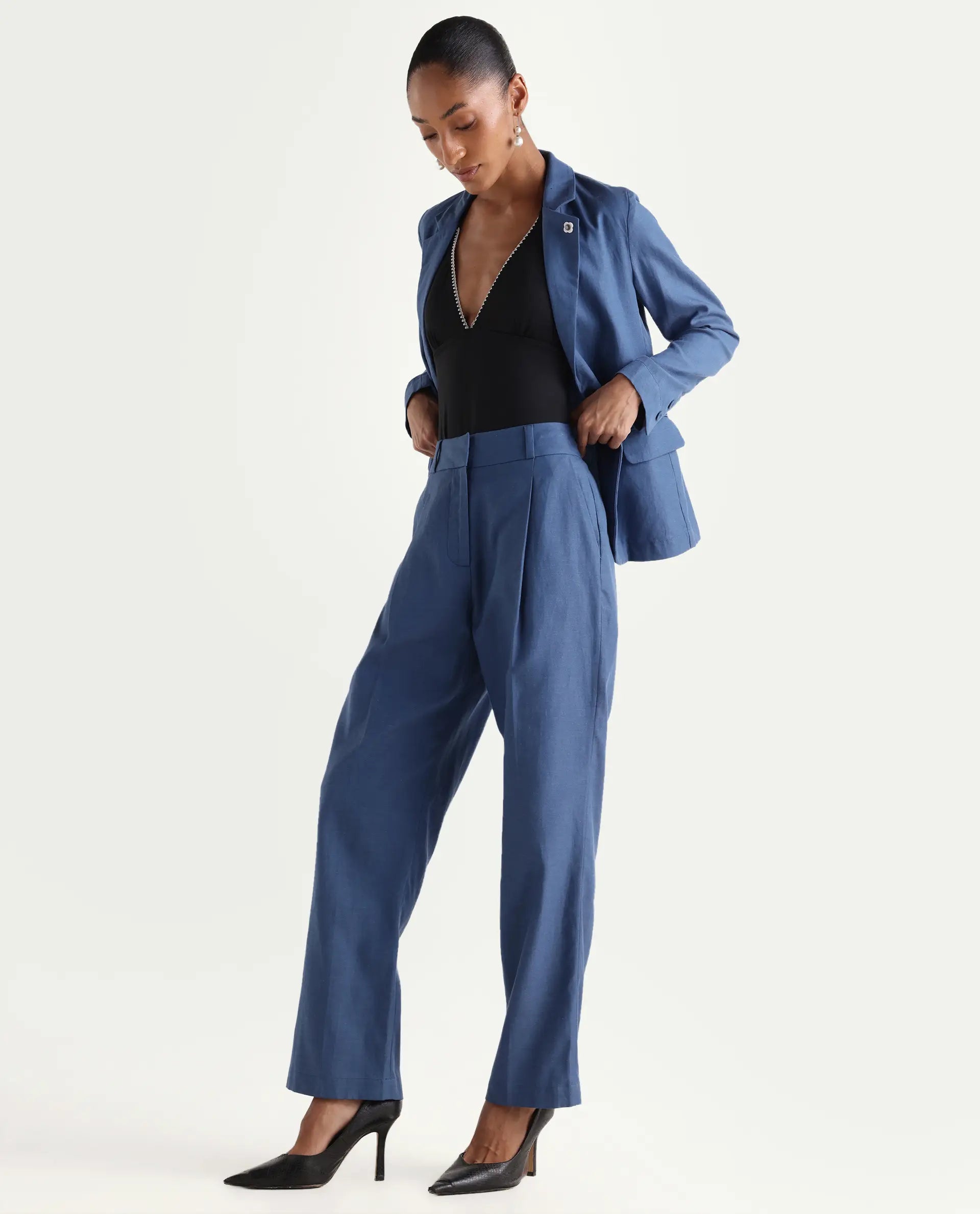 Rareism Women's Linzy-B Blue 100% Linen Straight Plain Trouser
