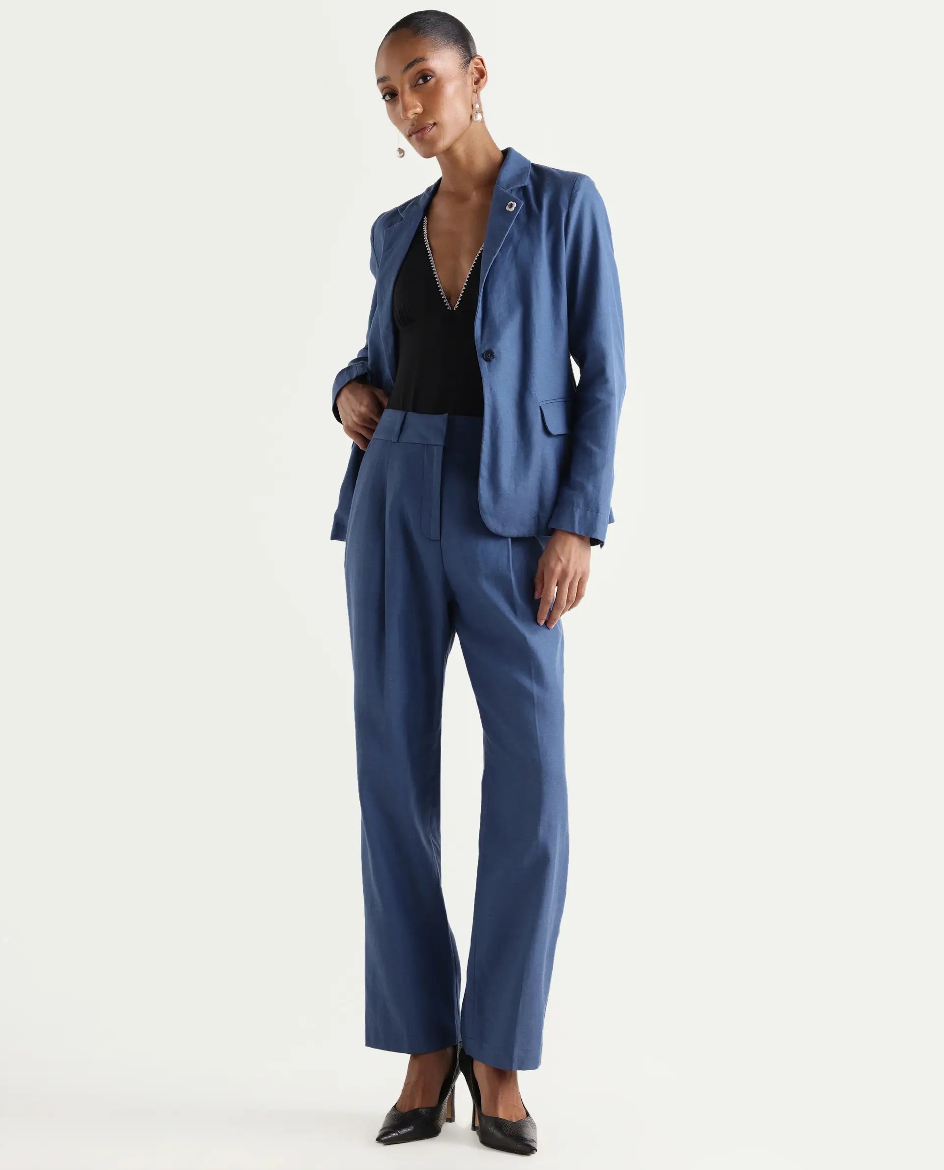 Rareism Women's Linzy-B Blue 100% Linen Straight Plain Trouser
