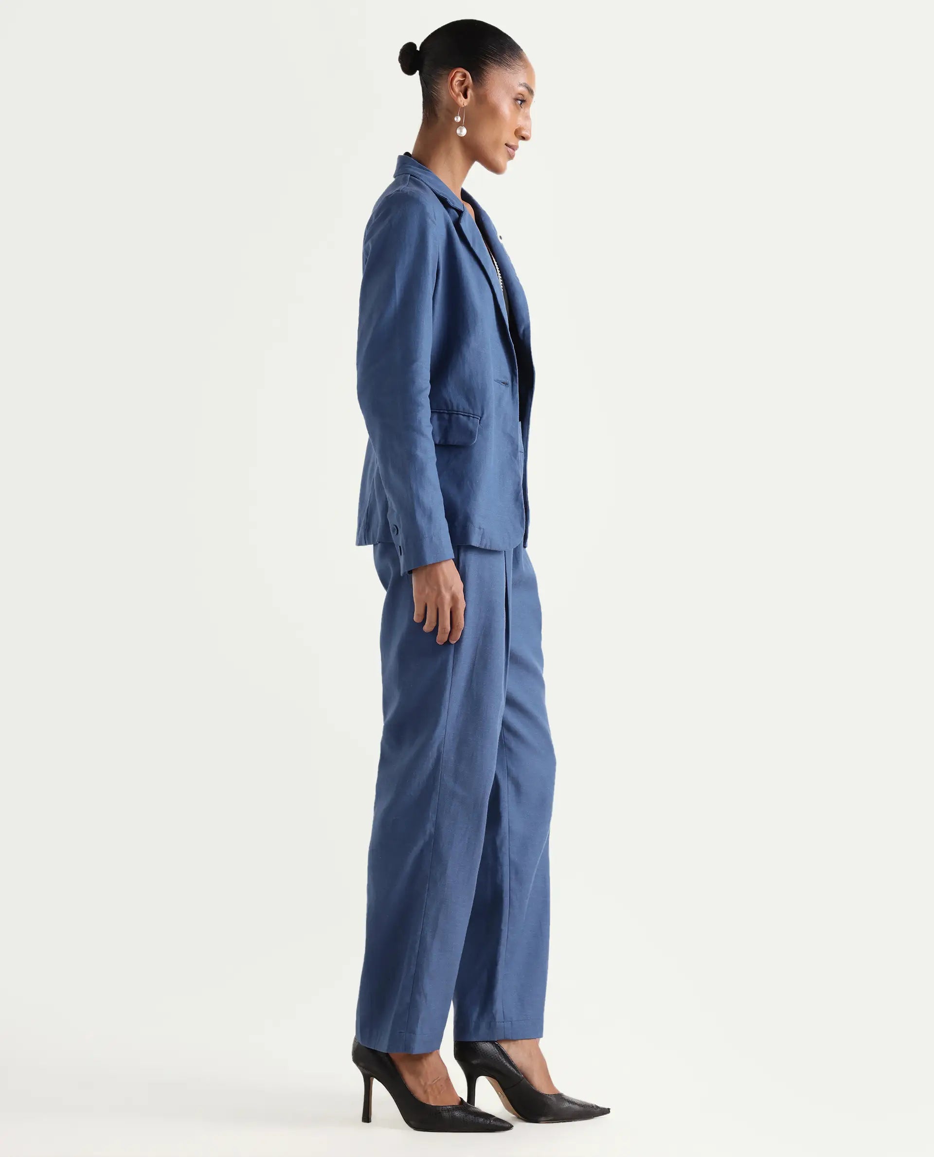 Rareism Women's Linzy-B Blue 100% Linen Straight Plain Trouser