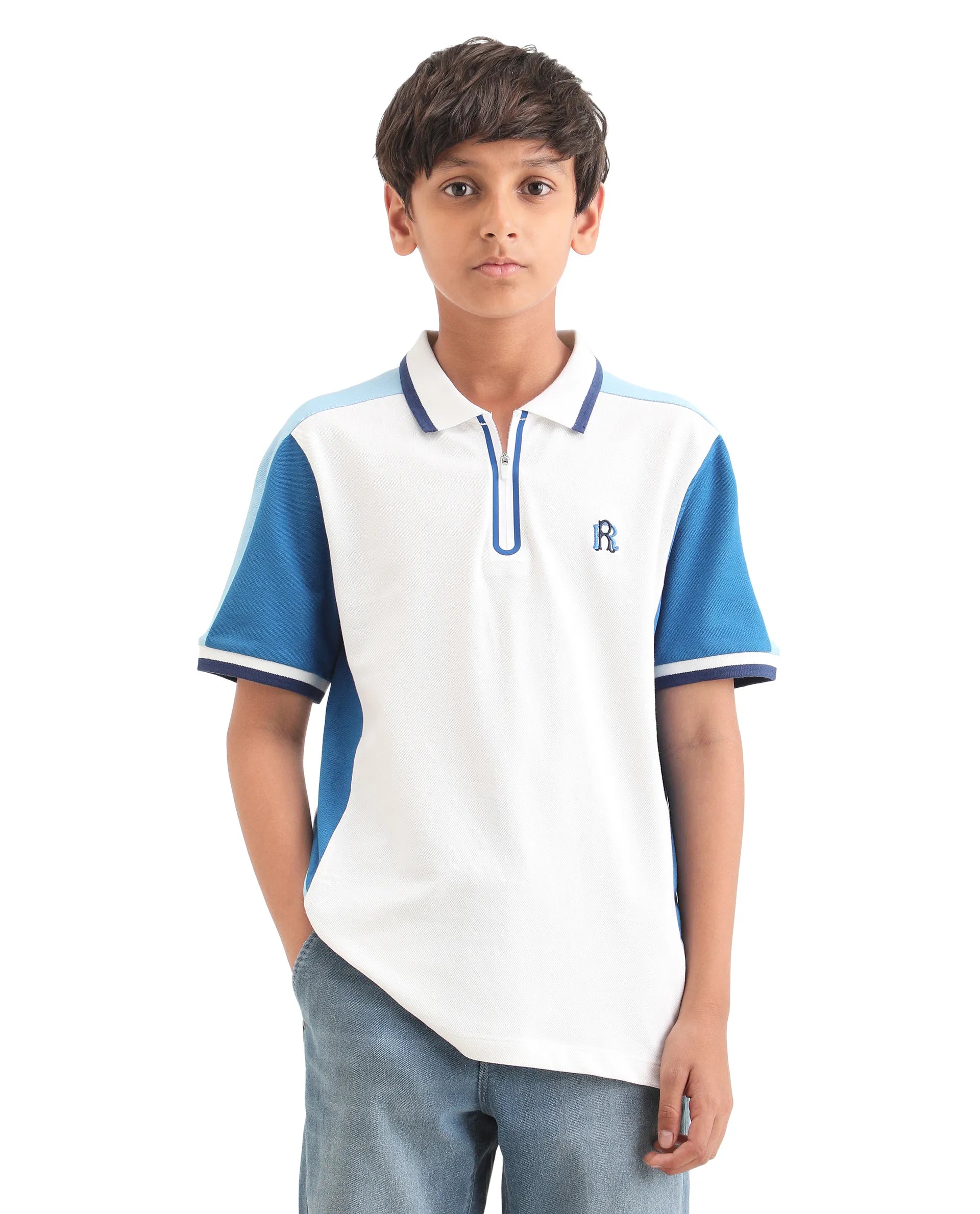 Rare Ones Kids Kiann Off White Cotton Blend Embroidered Zipper Closure Regular Fit Polo