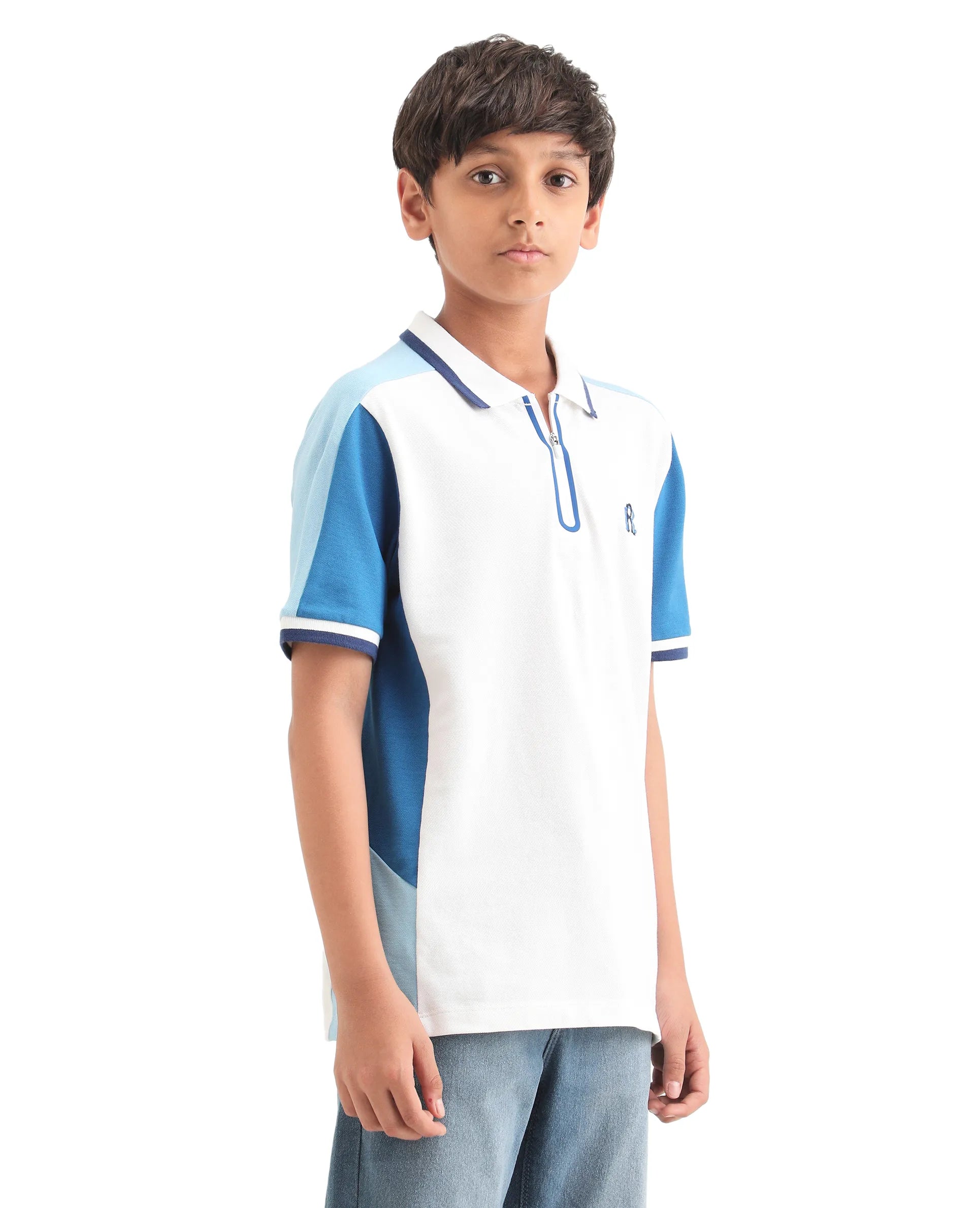 Rare Ones Kids Kiann Off White Cotton Blend Embroidered Zipper Closure Regular Fit Polo