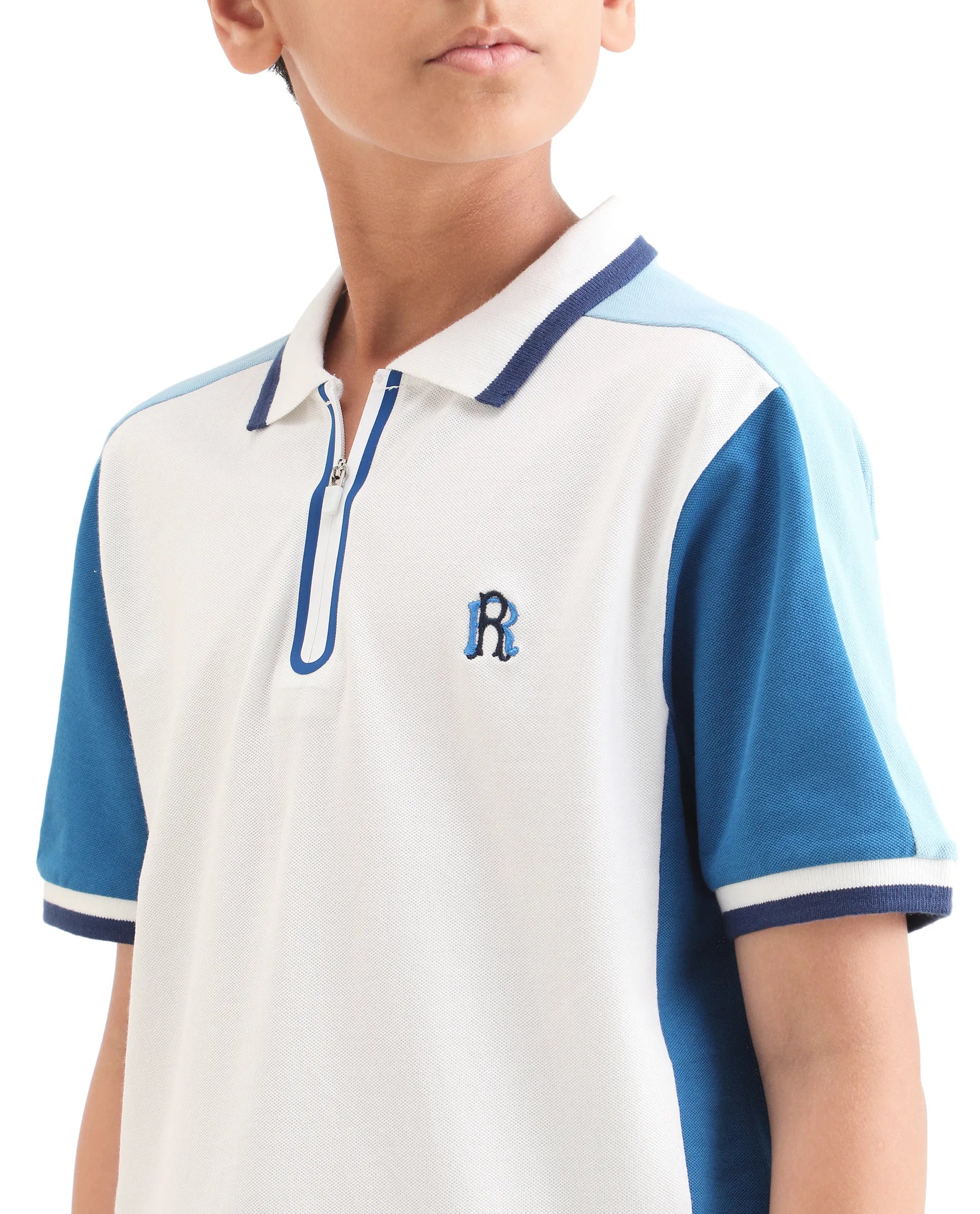 Rare Ones Kids Kiann Off White Cotton Blend Embroidered Zipper Closure Regular Fit Polo