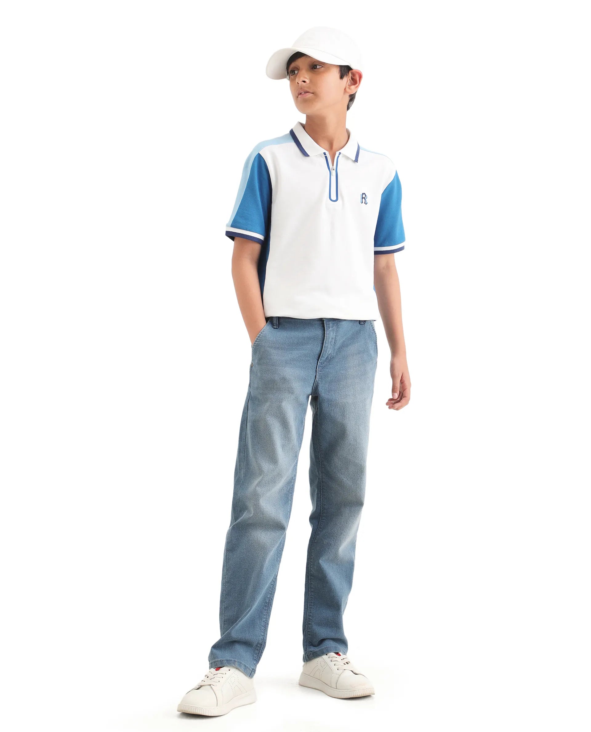 Rare Ones Kids Kiann Off White Cotton Blend Embroidered Zipper Closure Regular Fit Polo