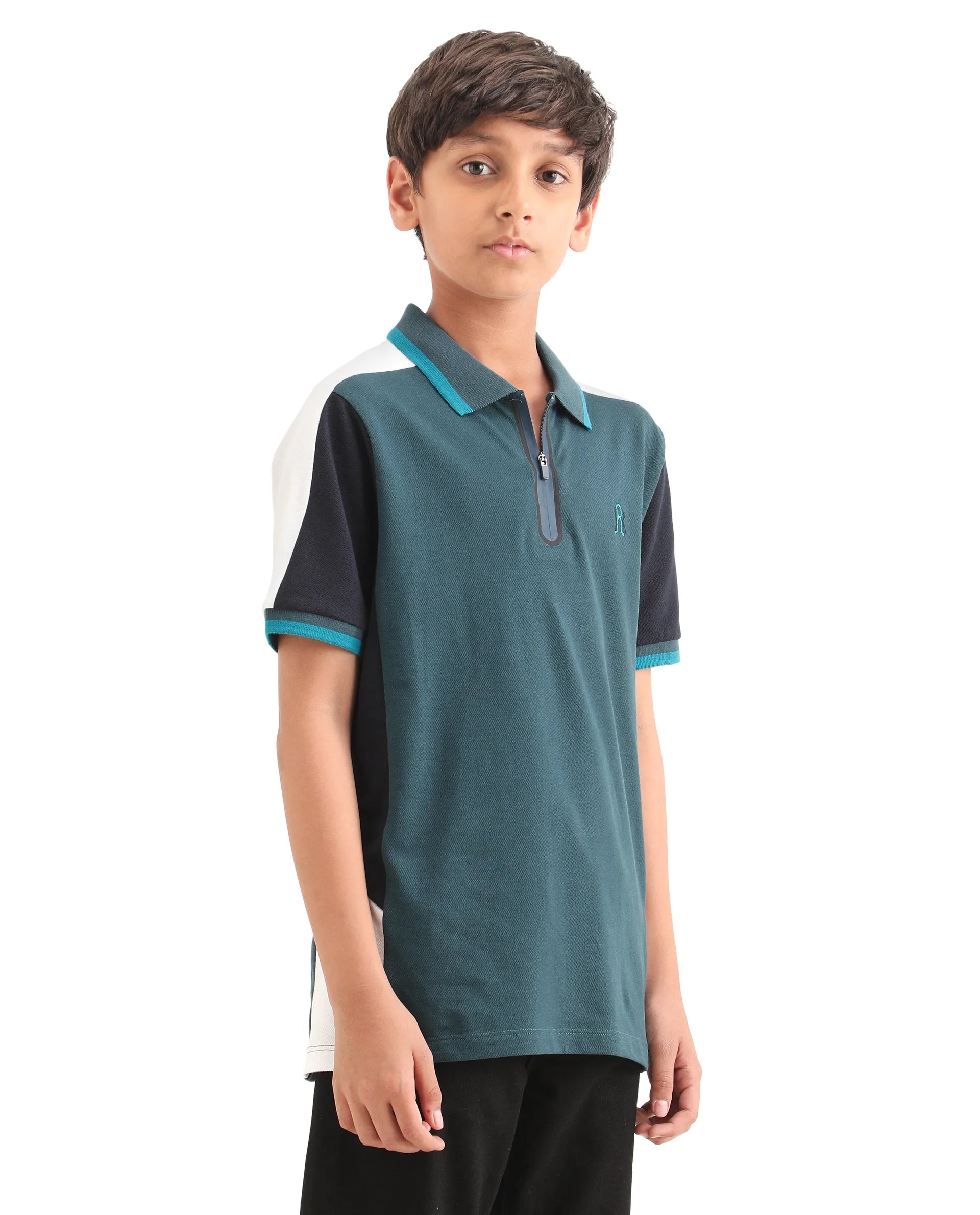 Rare Ones Kids Kiann Green (Teal) Cotton Blend Embroidered Zipper Closure Regular Fit Polo