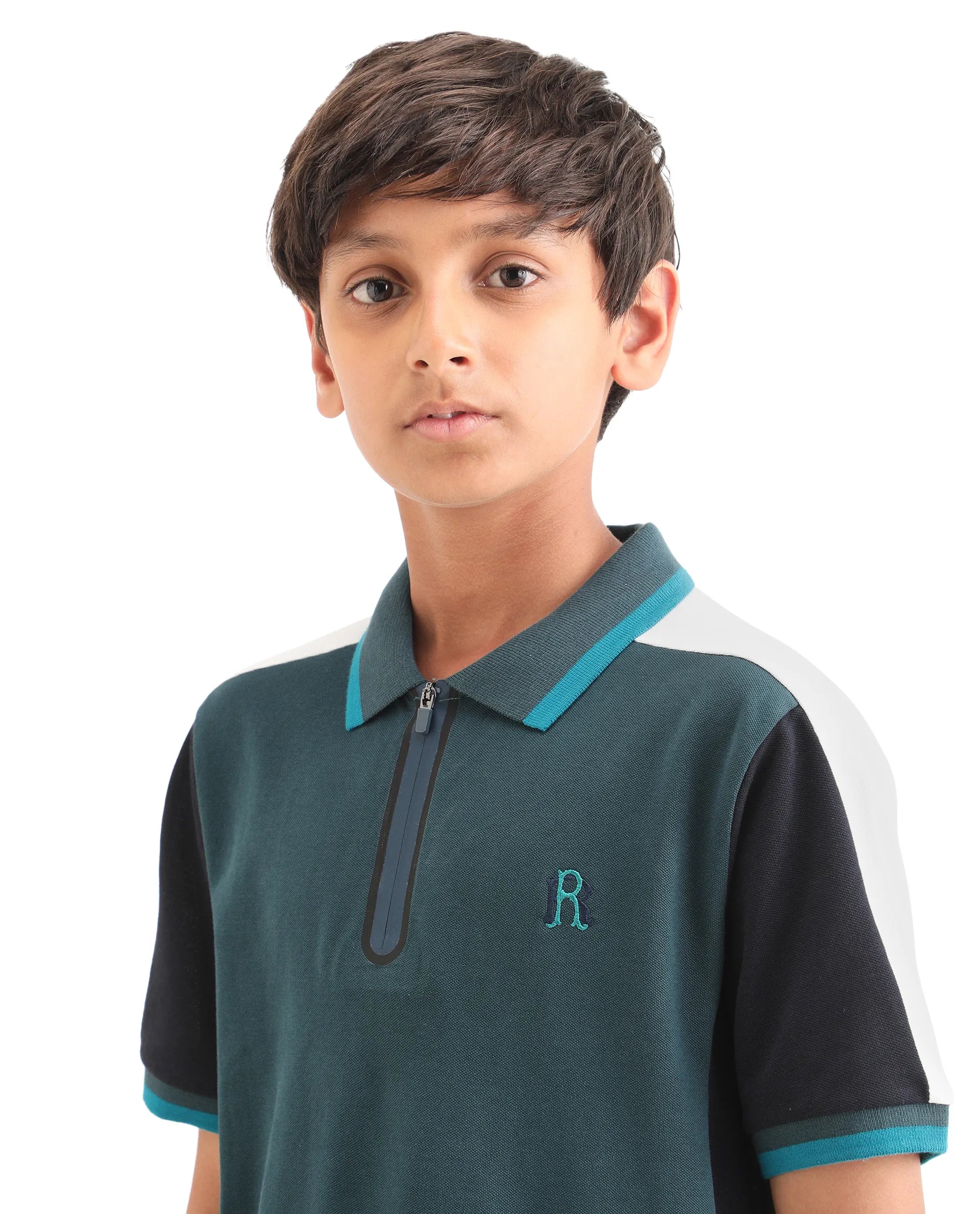 Rare Ones Kids Kiann Green (Teal) Cotton Blend Embroidered Zipper Closure Regular Fit Polo