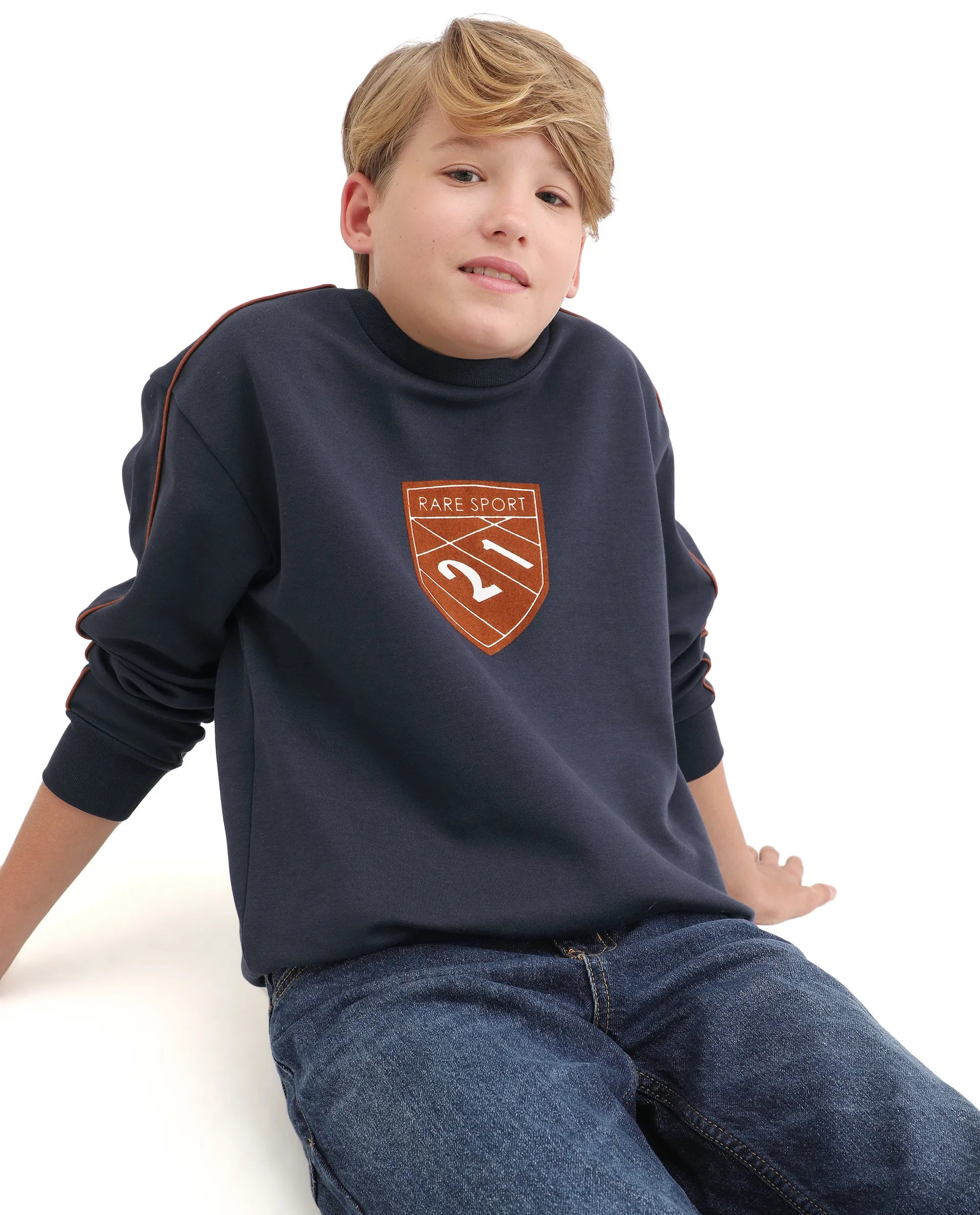 Rare Ones Kids Vance Navy Cotton Blend Slip-On Closure Flock Print Oversized Sweatshirt