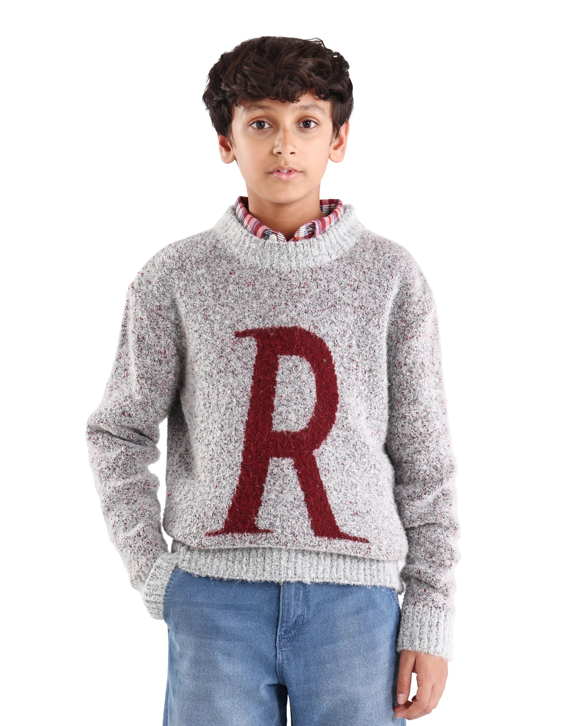 Rare Ones Kids Raz Grey Acrylic Blend Monogram Print Pull On Closure Regular Fit Sweater