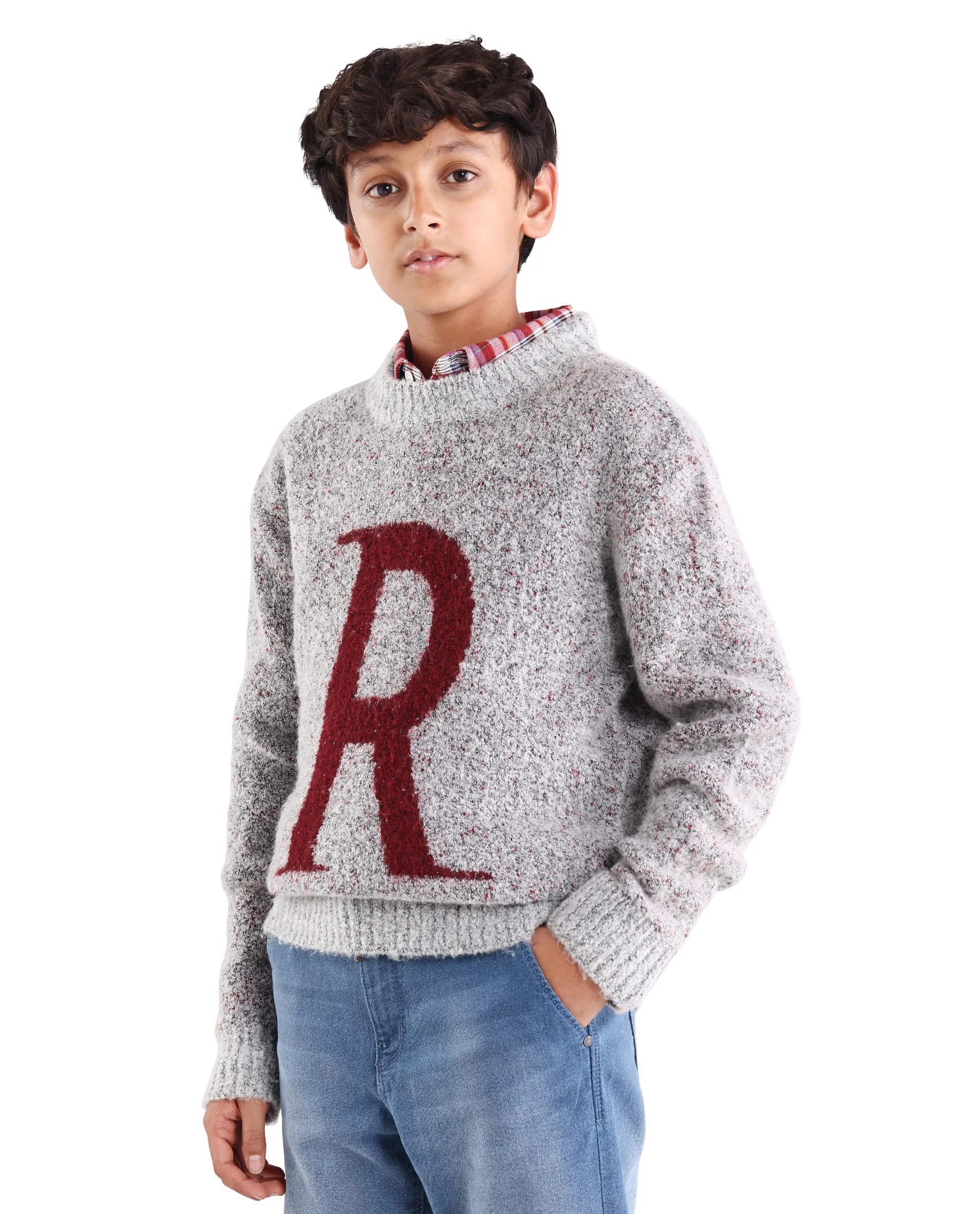 Rare Ones Kids Raz Grey Acrylic Blend Monogram Print Pull On Closure Regular Fit Sweater