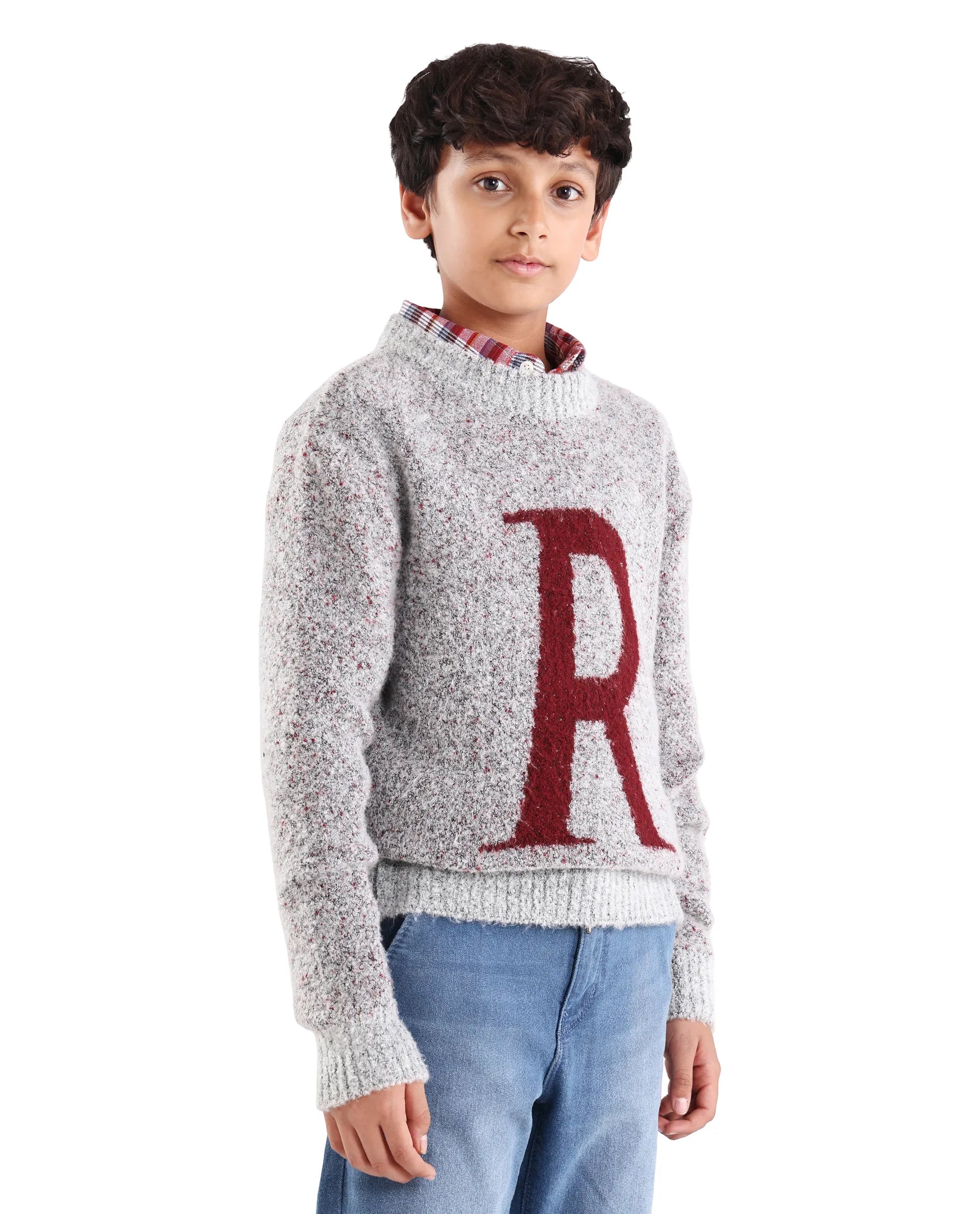 Rare Ones Kids Raz Grey Acrylic Blend Monogram Print Pull On Closure Regular Fit Sweater