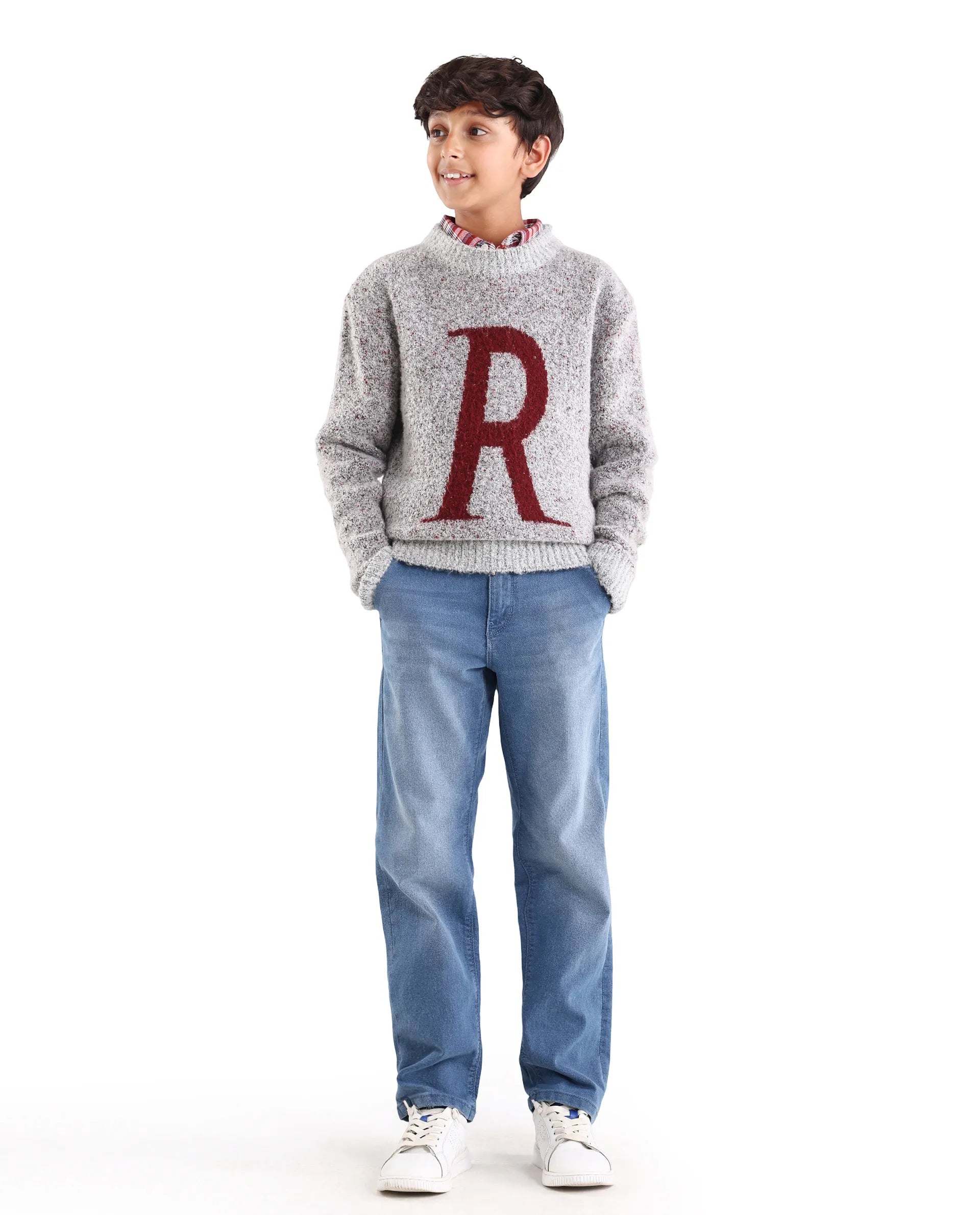 Rare Ones Kids Raz Grey Acrylic Blend Monogram Print Pull On Closure Regular Fit Sweater