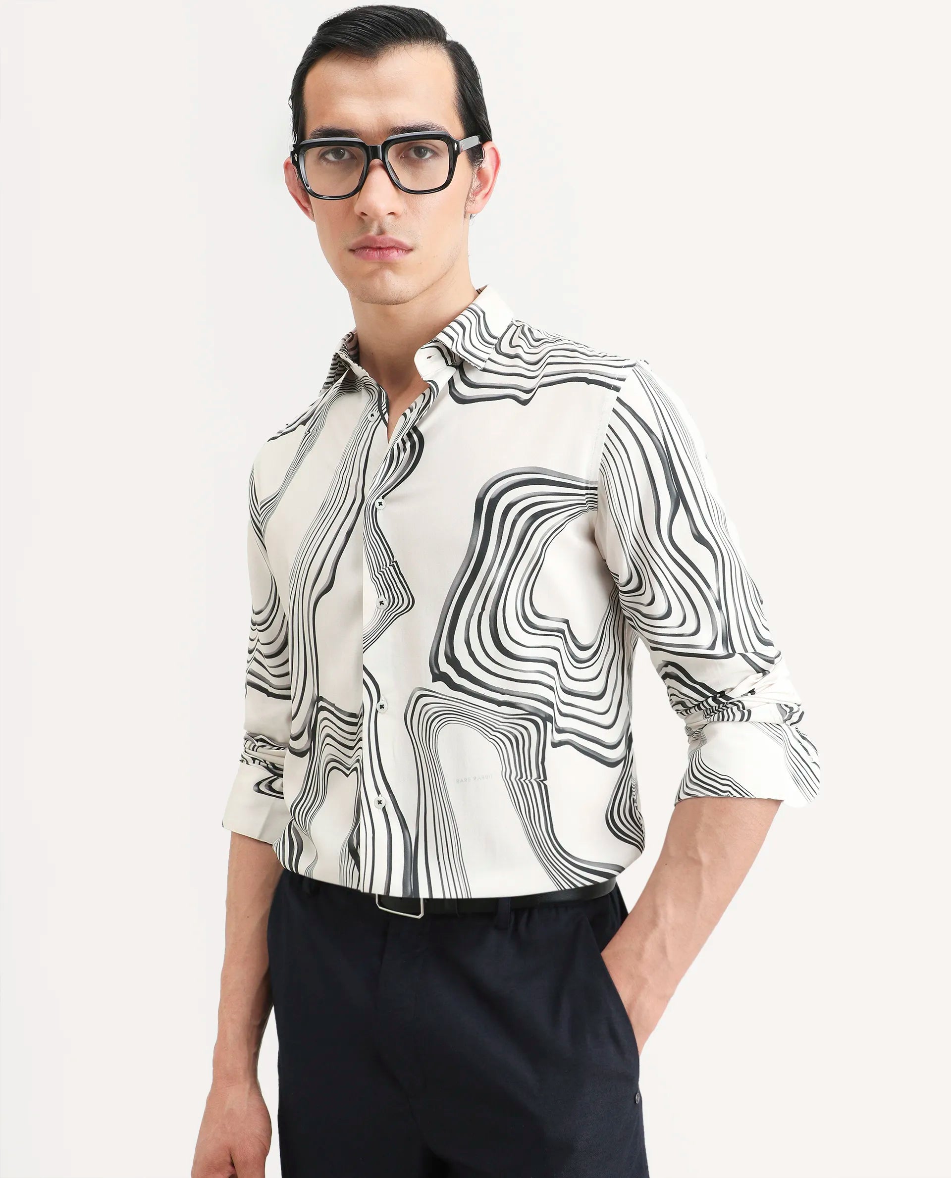 Rare Rabbit Men's Wira White Viscose Abstract Print Regular Fit Full Sleeve Collared Shirt