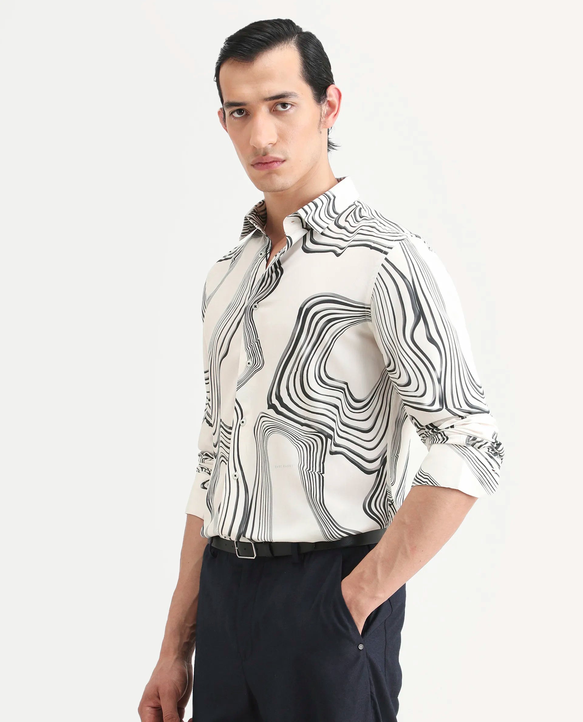 Rare Rabbit Men's Wira White Viscose Abstract Print Regular Fit Full Sleeve Collared Shirt