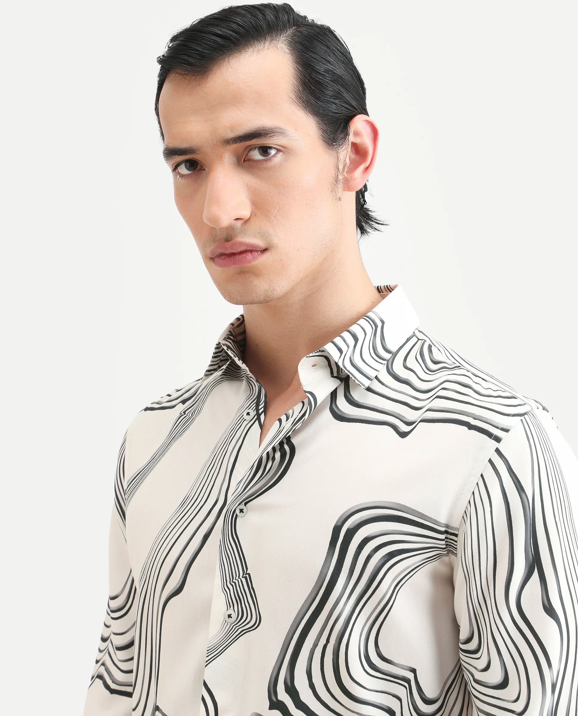 Rare Rabbit Men's Wira White Viscose Abstract Print Regular Fit Full Sleeve Collared Shirt