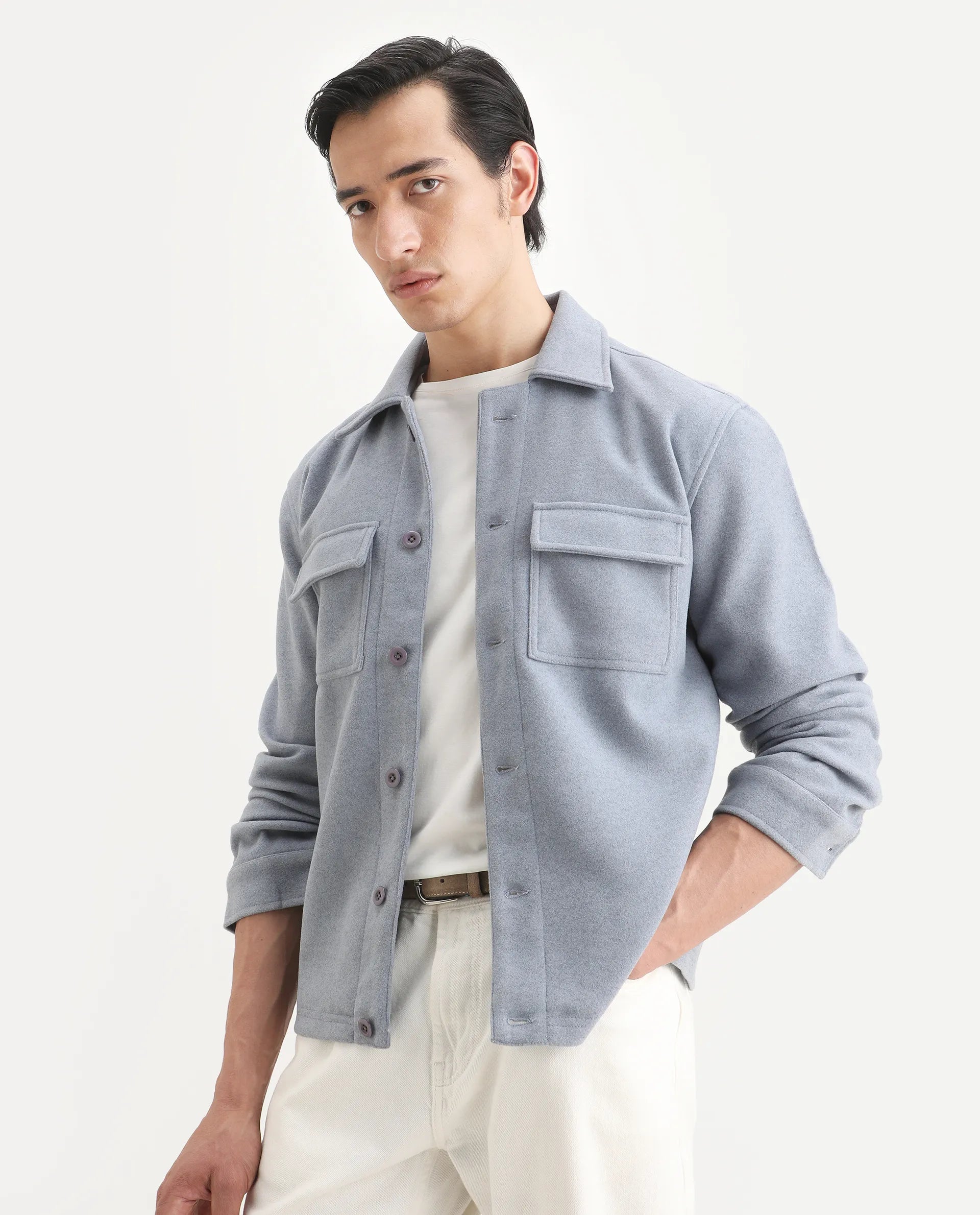 Rare Rabbit Men's Bensko Dusky Blue Polyester Fabric Spread Collar Regular Fit Plain Jacket