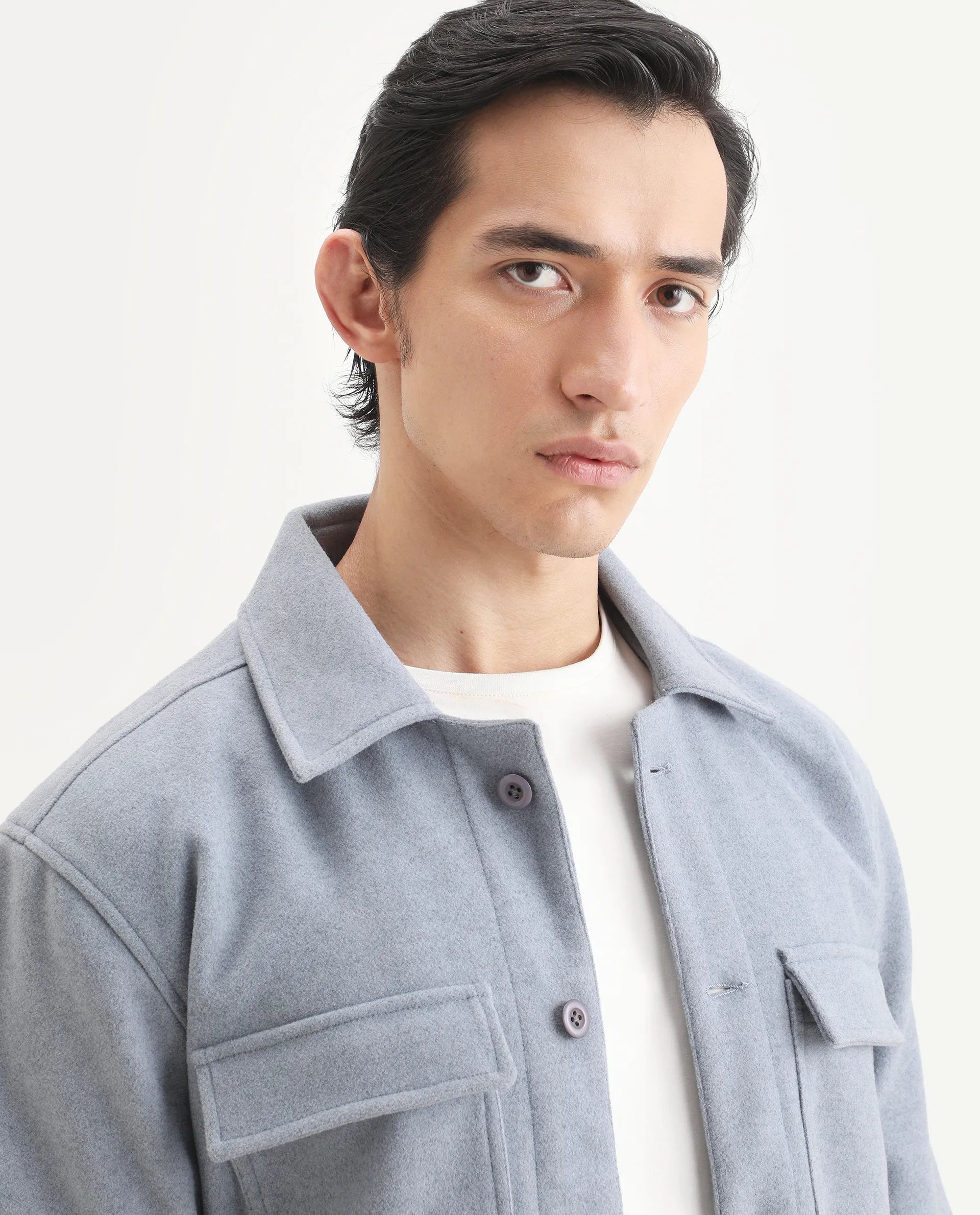 Rare Rabbit Men's Bensko Dusky Blue Polyester Fabric Spread Collar Regular Fit Plain Jacket