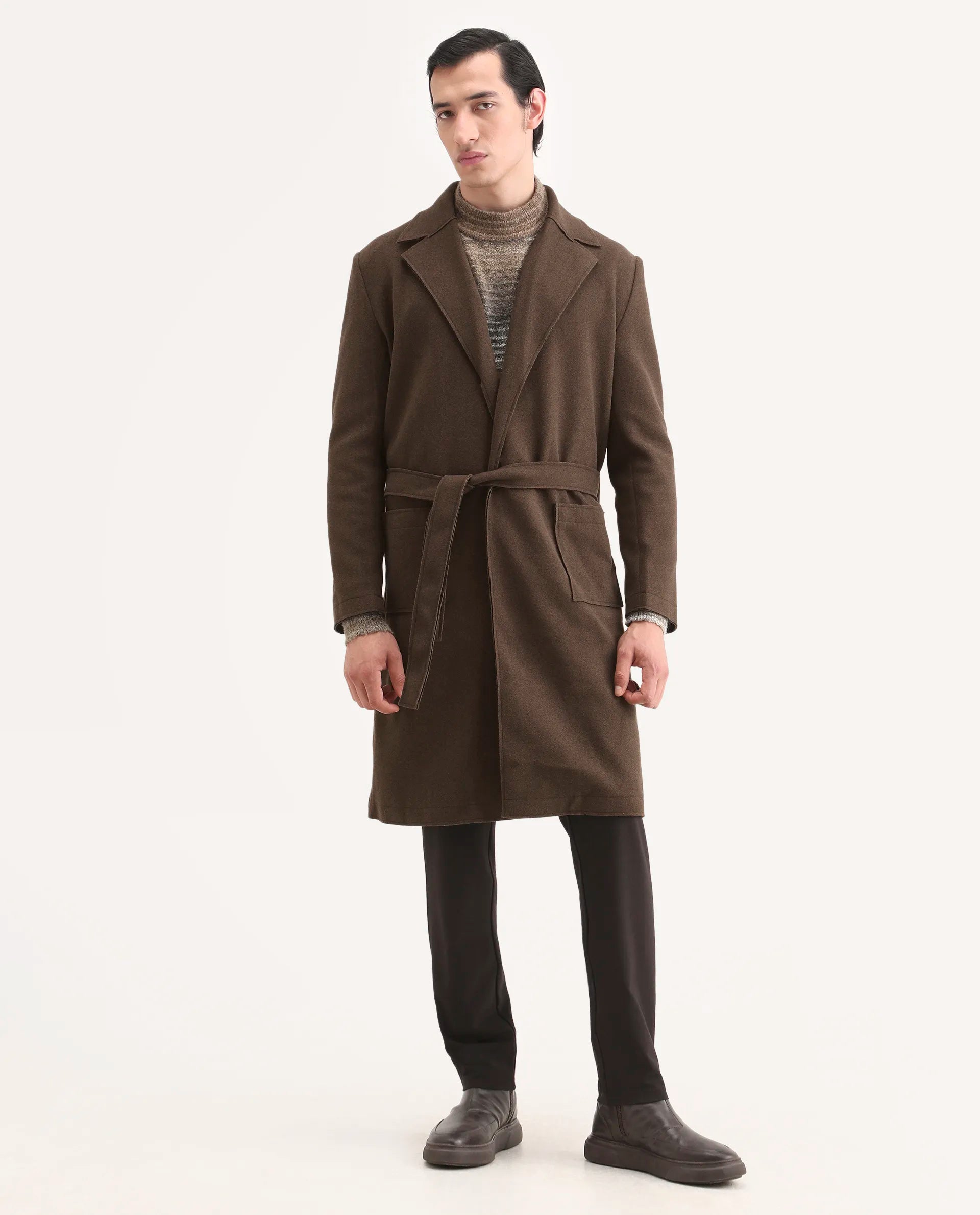 Rare Rabbit Men's Nemot Dark Brown Polyester Fabric Lapel Neck Regular Plain Coat