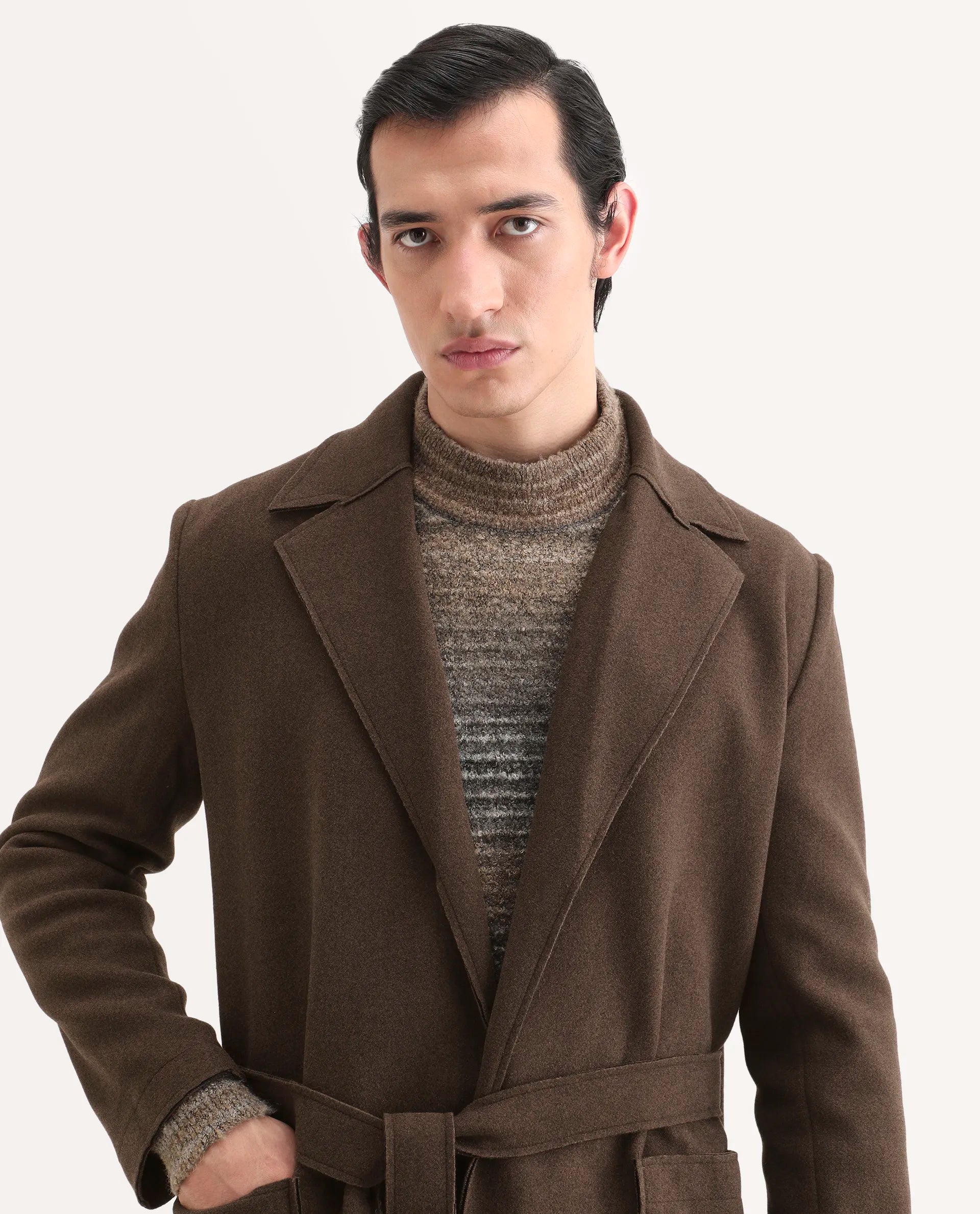 Rare Rabbit Men's Nemot Dark Brown Polyester Fabric Lapel Neck Regular Plain Coat