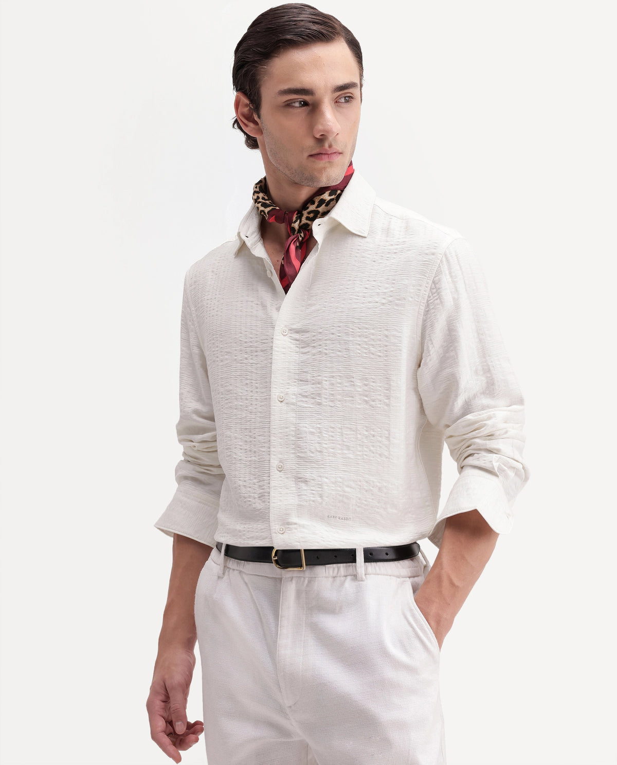 Rare Rabbit Men's Vaxo Off White Viscose Blend Checked Print Regular Fit Full Sleeve Collared Shirt