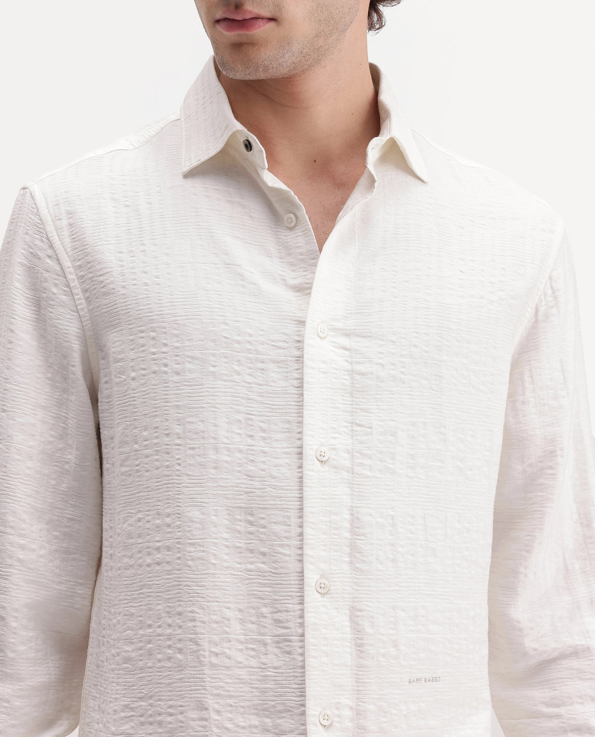 Rare Rabbit Men's Vaxo Off White Viscose Blend Checked Print Regular Fit Full Sleeve Collared Shirt