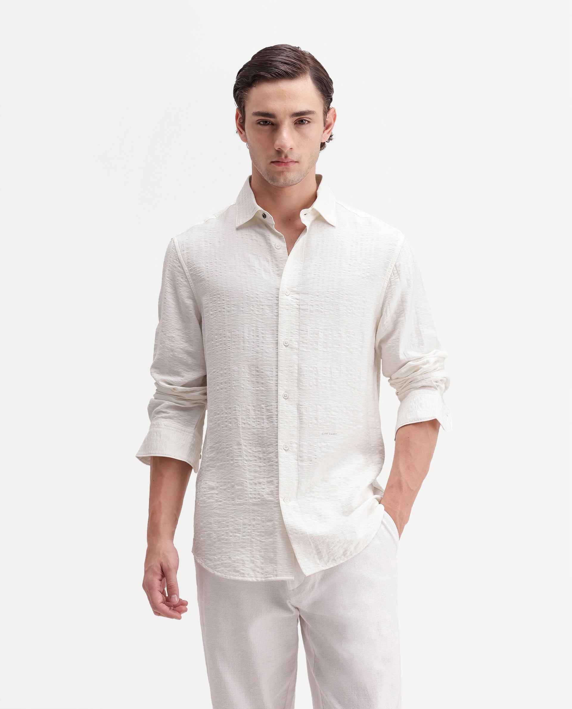 Rare Rabbit Men's Vaxo Off White Viscose Blend Checked Print Regular Fit Full Sleeve Collared Shirt