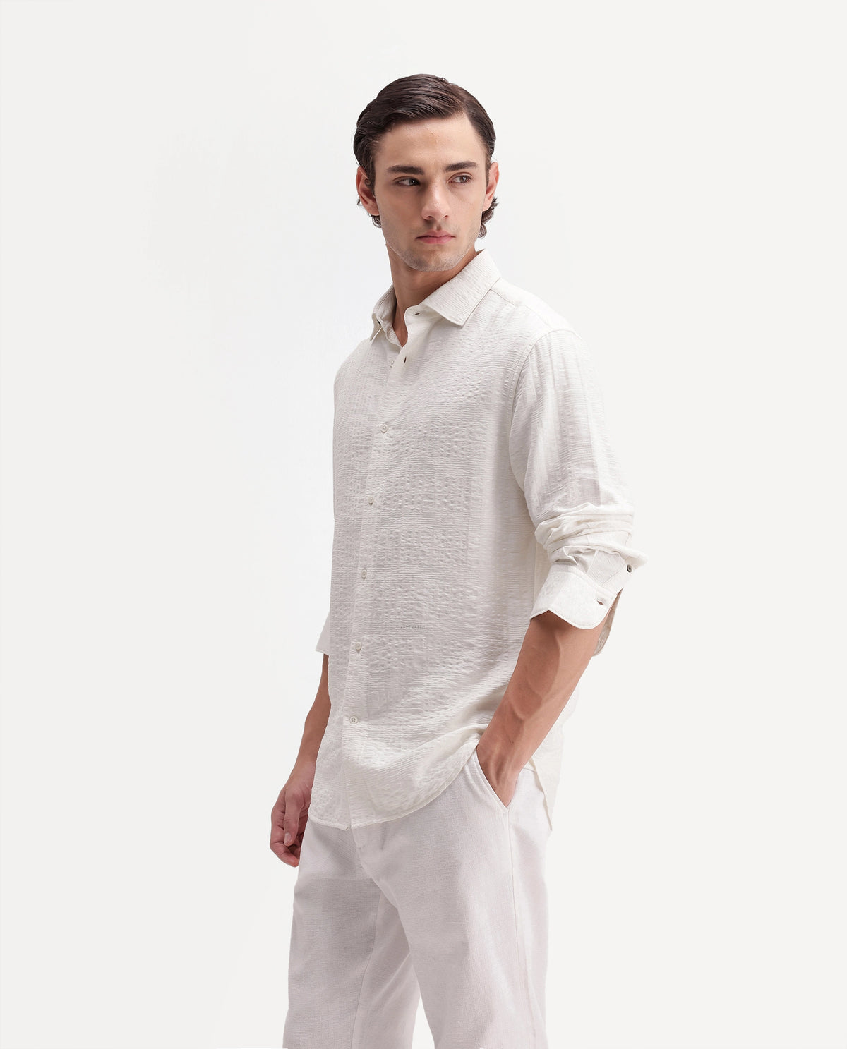 Rare Rabbit Men's Vaxo Off White Viscose Blend Checked Print Regular Fit Full Sleeve Collared Shirt