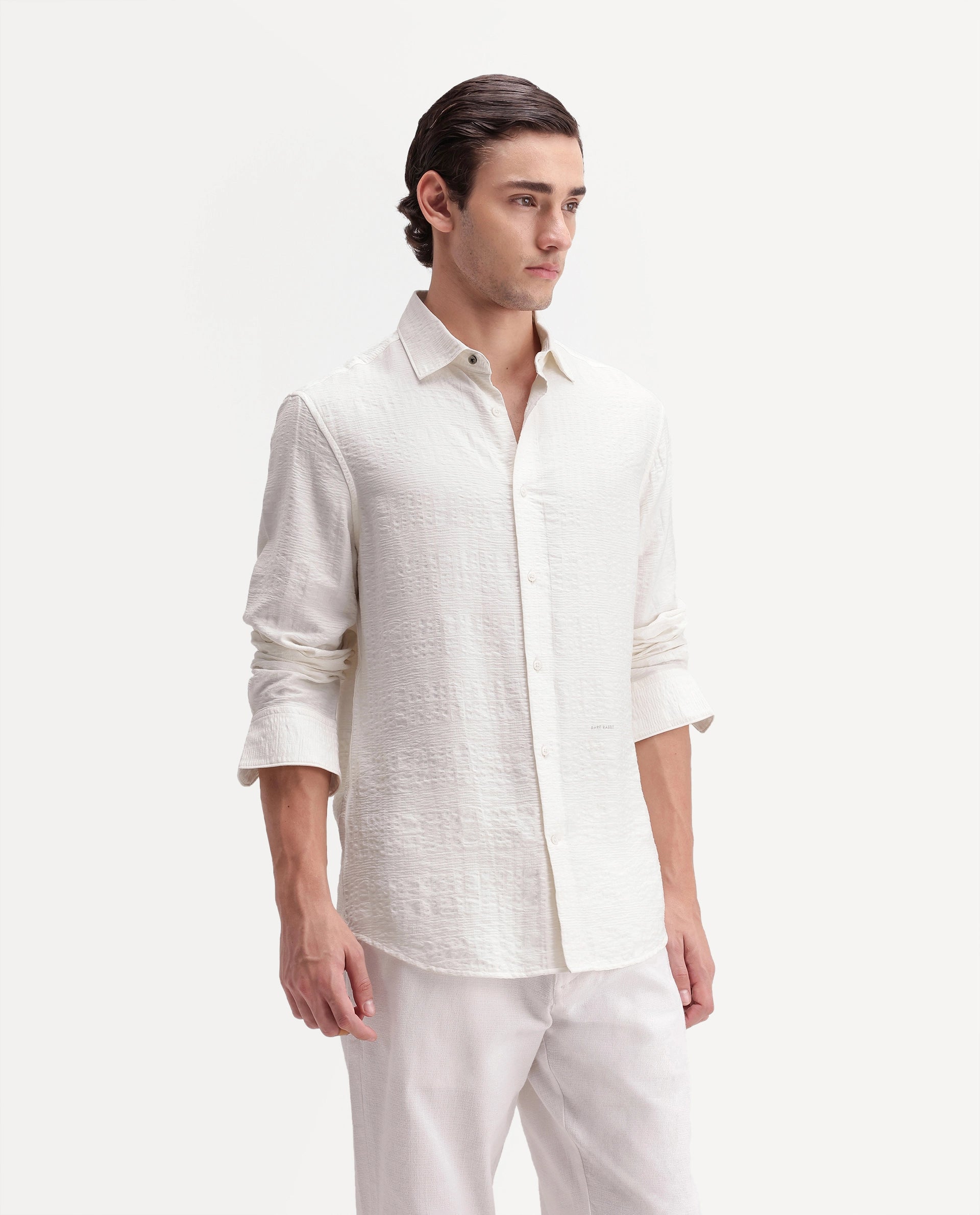 Rare Rabbit Men's Vaxo Off White Viscose Blend Checked Print Regular Fit Full Sleeve Collared Shirt
