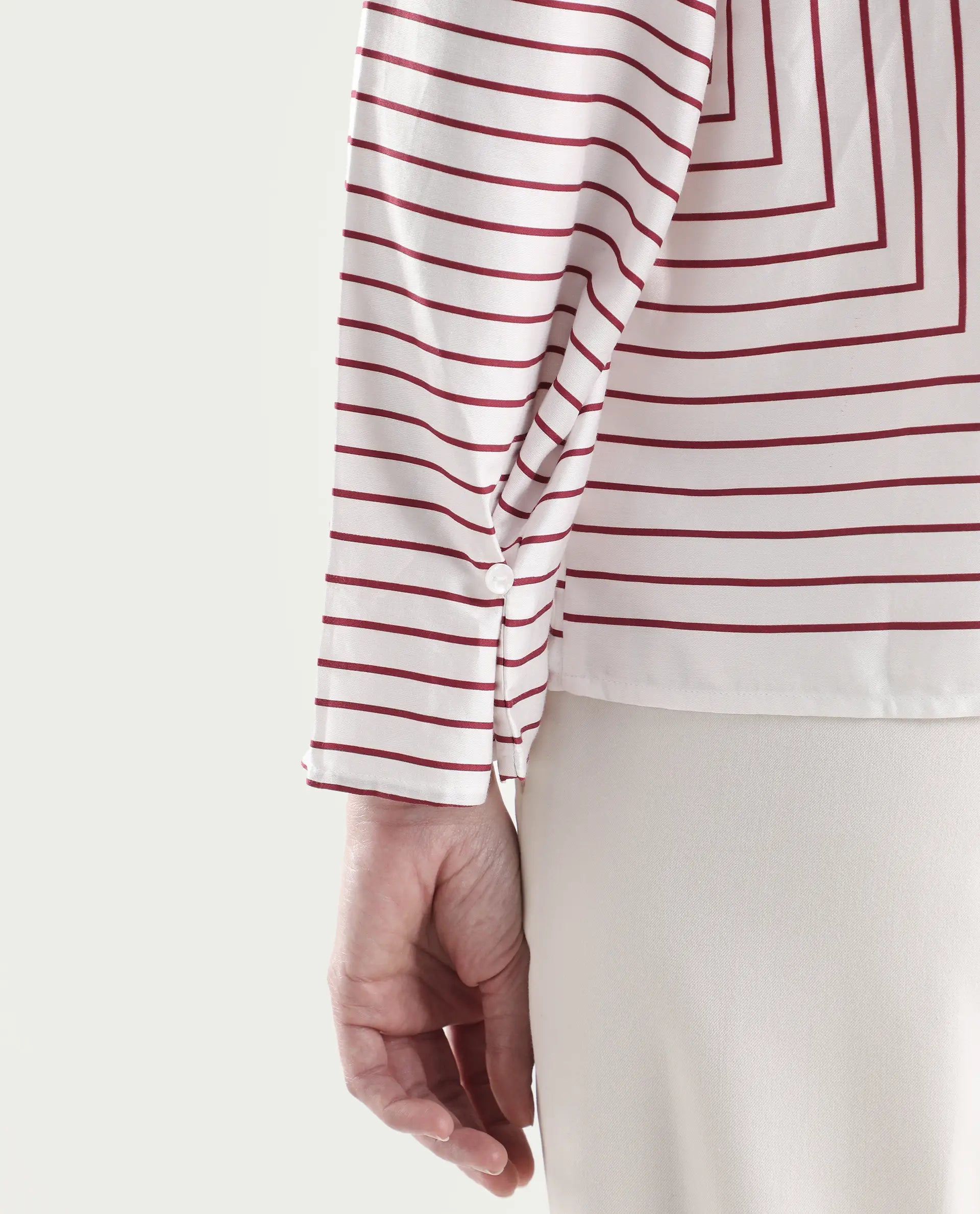 Rareism Women's Janlopo Red Cotton Blend Full Sleeve Mandarin Collar Relaxed Fit Striped Top