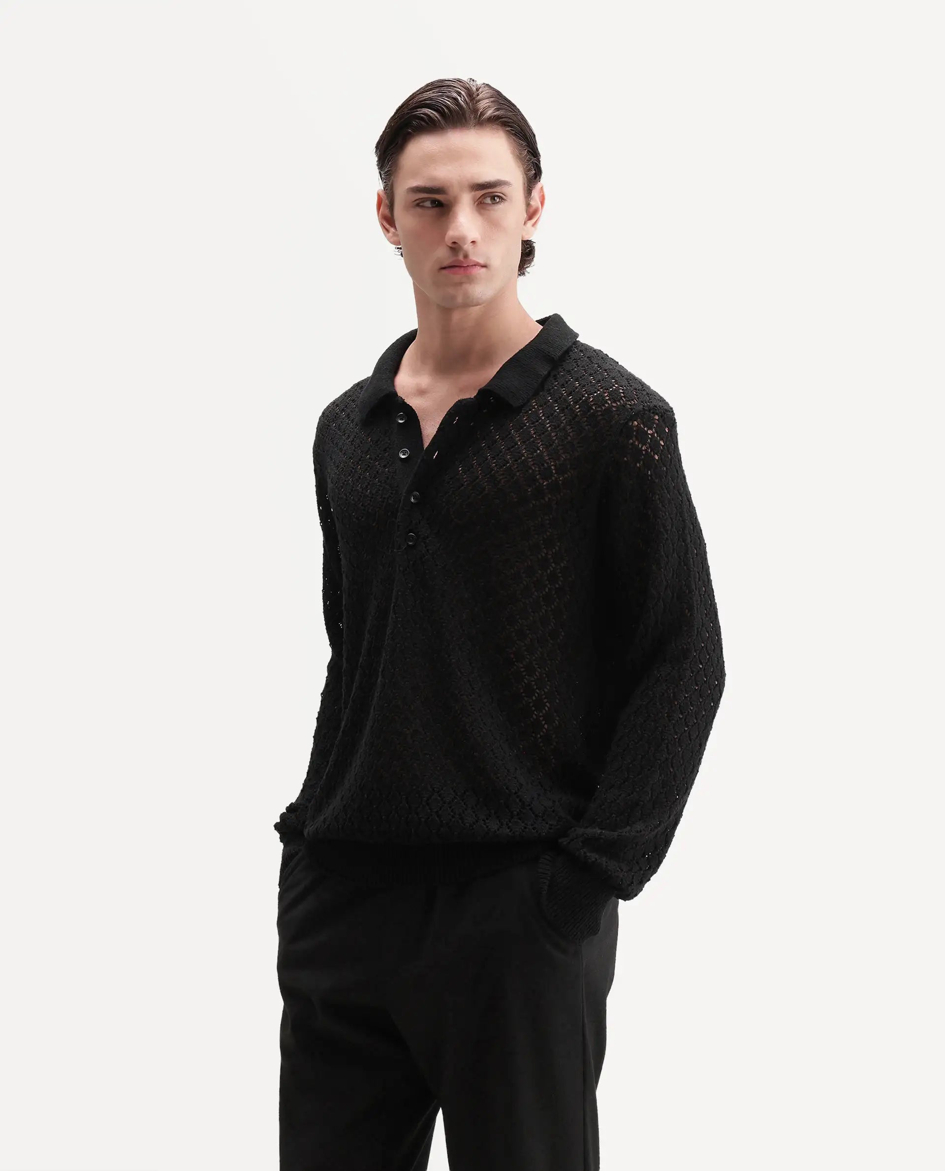 Rare Rabbit Men's Ocon Black Cotton Blend Fabric Collared Neck Regular Fit Geometric Print Polo