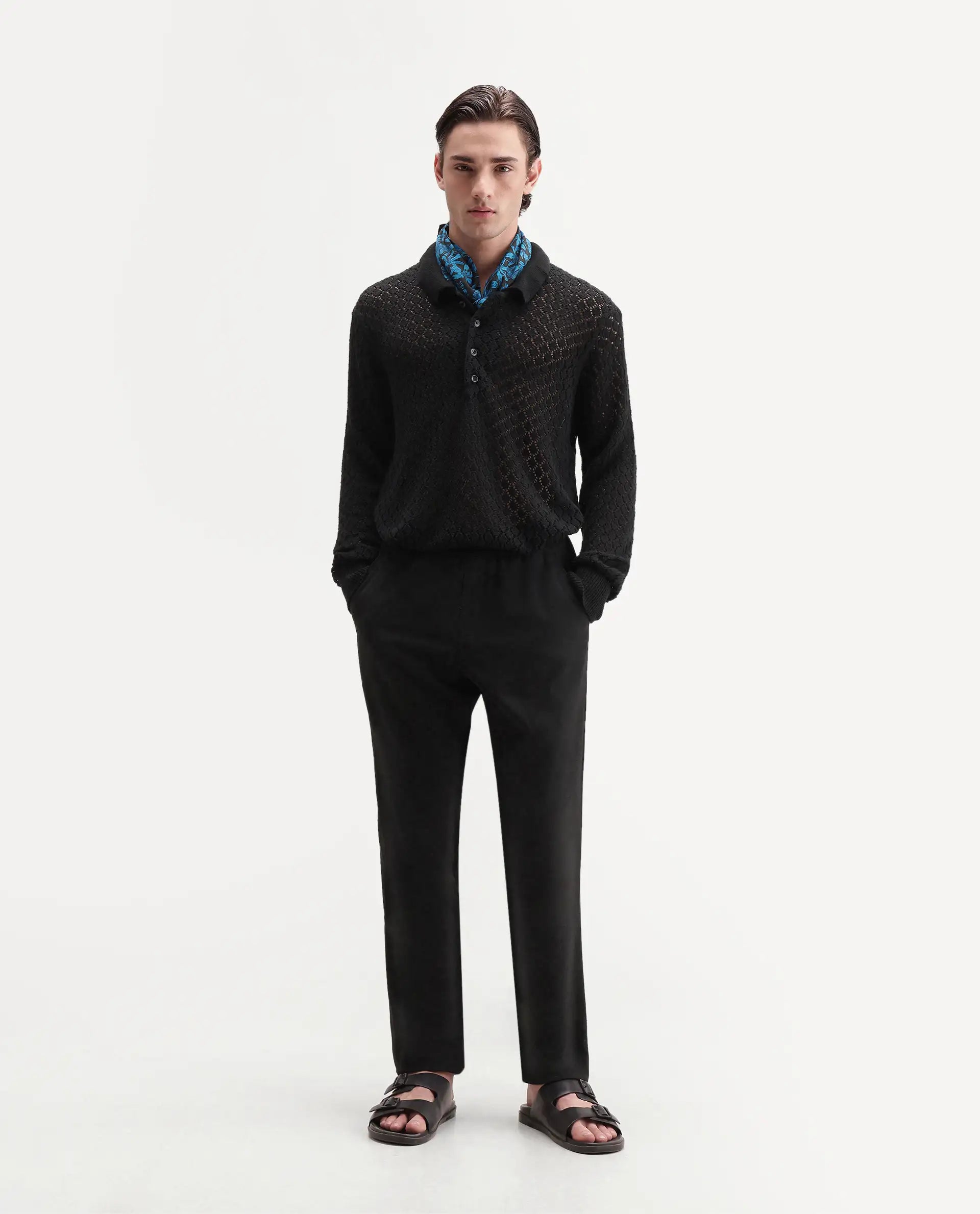 Rare Rabbit Men's Ocon Black Cotton Blend Fabric Collared Neck Regular Fit Geometric Print Polo