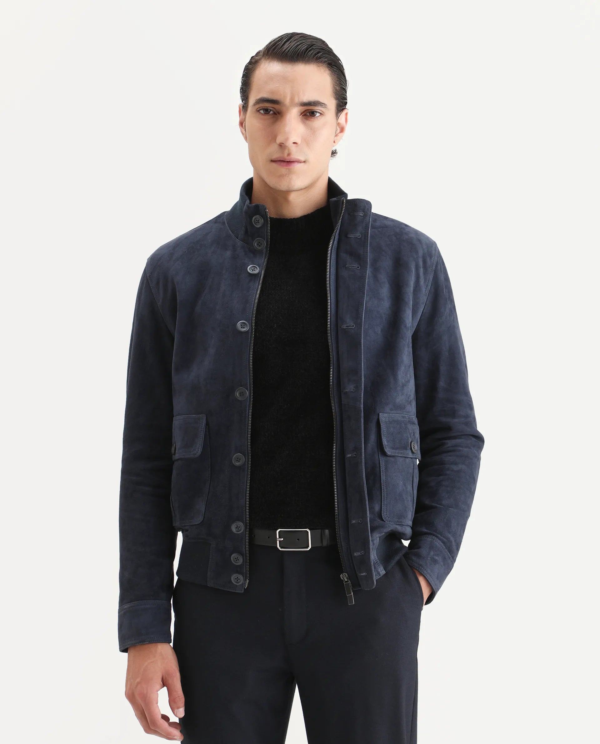 Rare Rabbit Men's Byron Navy Leather Fabric High Neck Ribbed Collar Regular Fit Plain Jacket