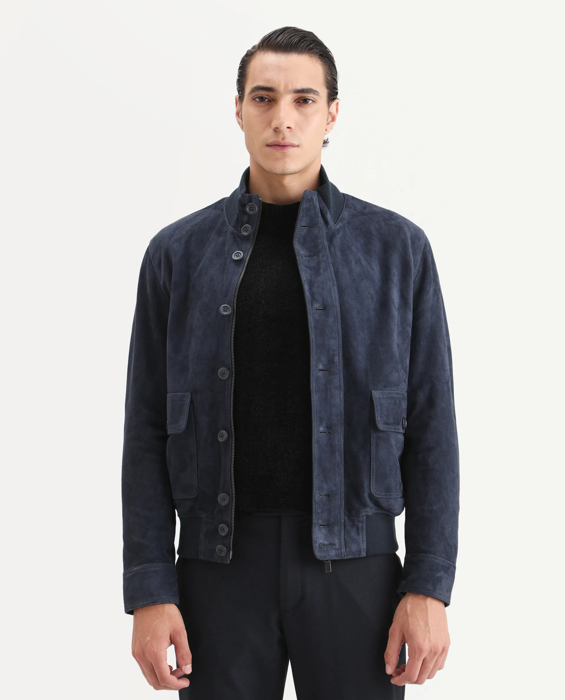 Rare Rabbit Men's Byron Navy Leather Fabric High Neck Ribbed Collar Regular Fit Plain Jacket