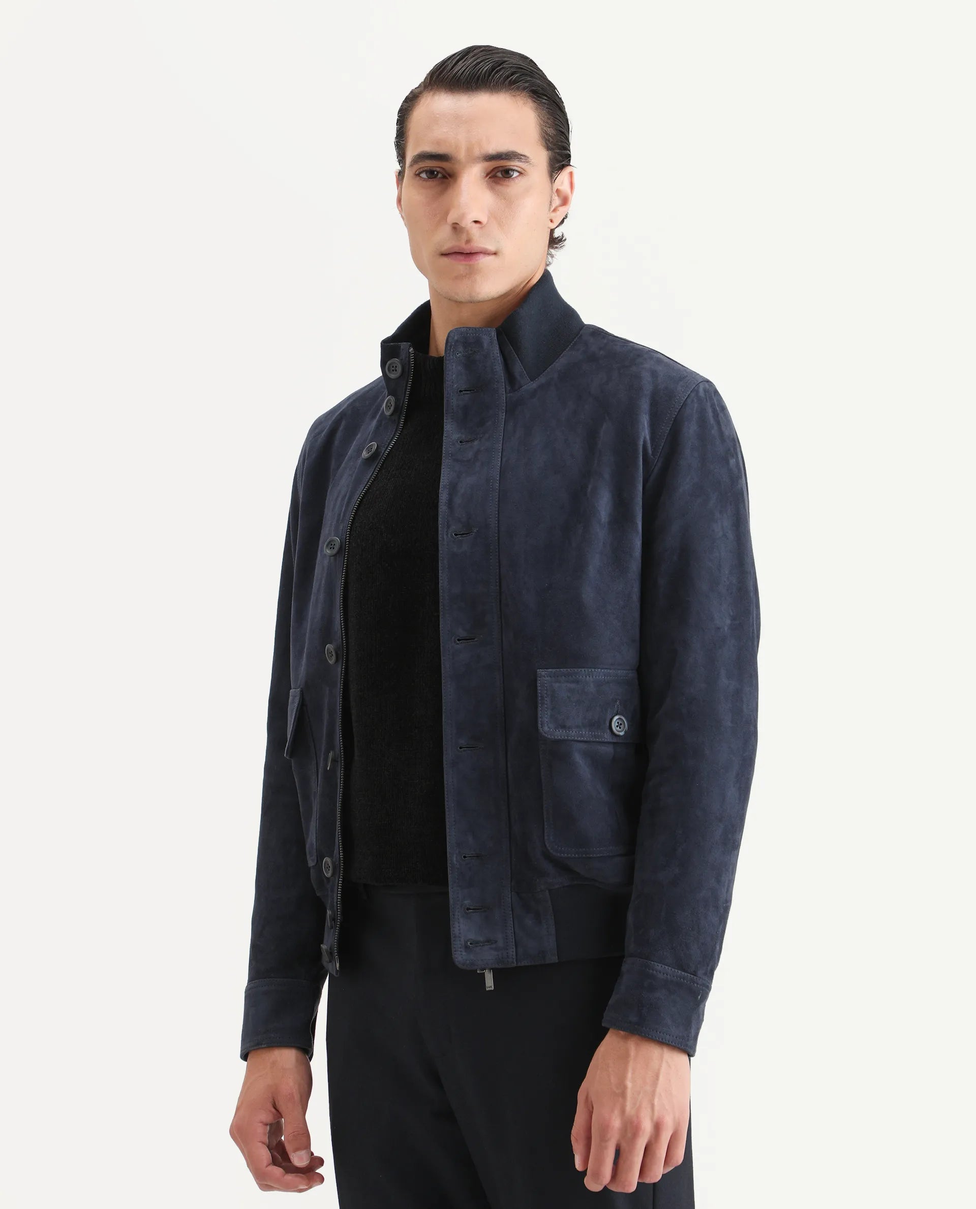 Rare Rabbit Men's Byron Navy Leather Fabric High Neck Ribbed Collar Regular Fit Plain Jacket