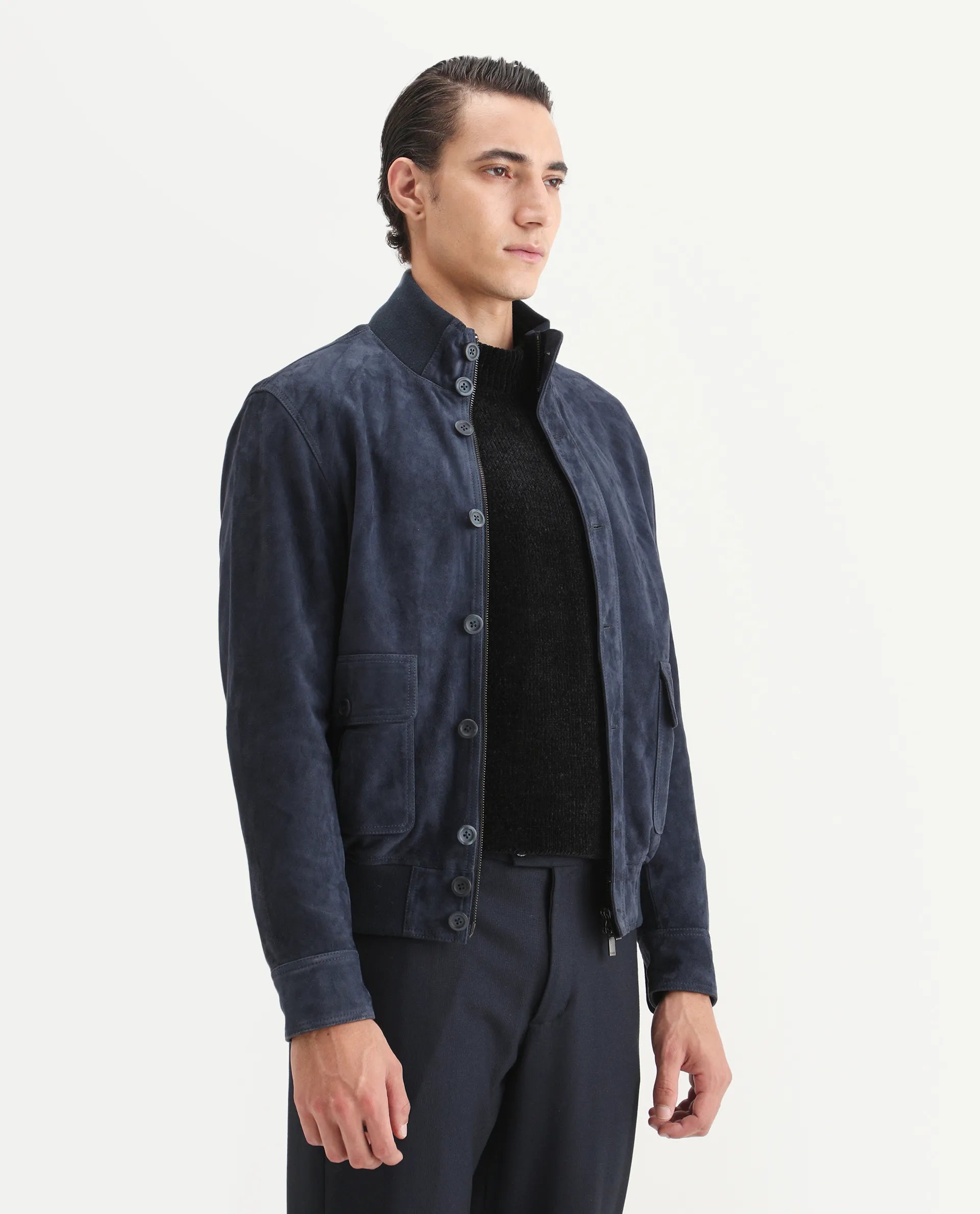 Rare Rabbit Men's Byron Navy Leather Fabric High Neck Ribbed Collar Regular Fit Plain Jacket